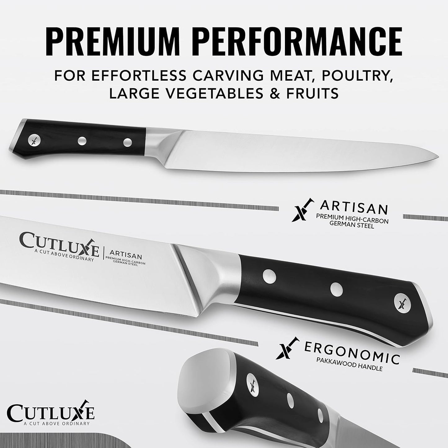 Cutluxe Turkey Carving Knife – 9" Carving Knife for Meat – Razor Sharp & Full Tang – High Carbon German Steel – Ergonomic Handle Design – Artisan Series