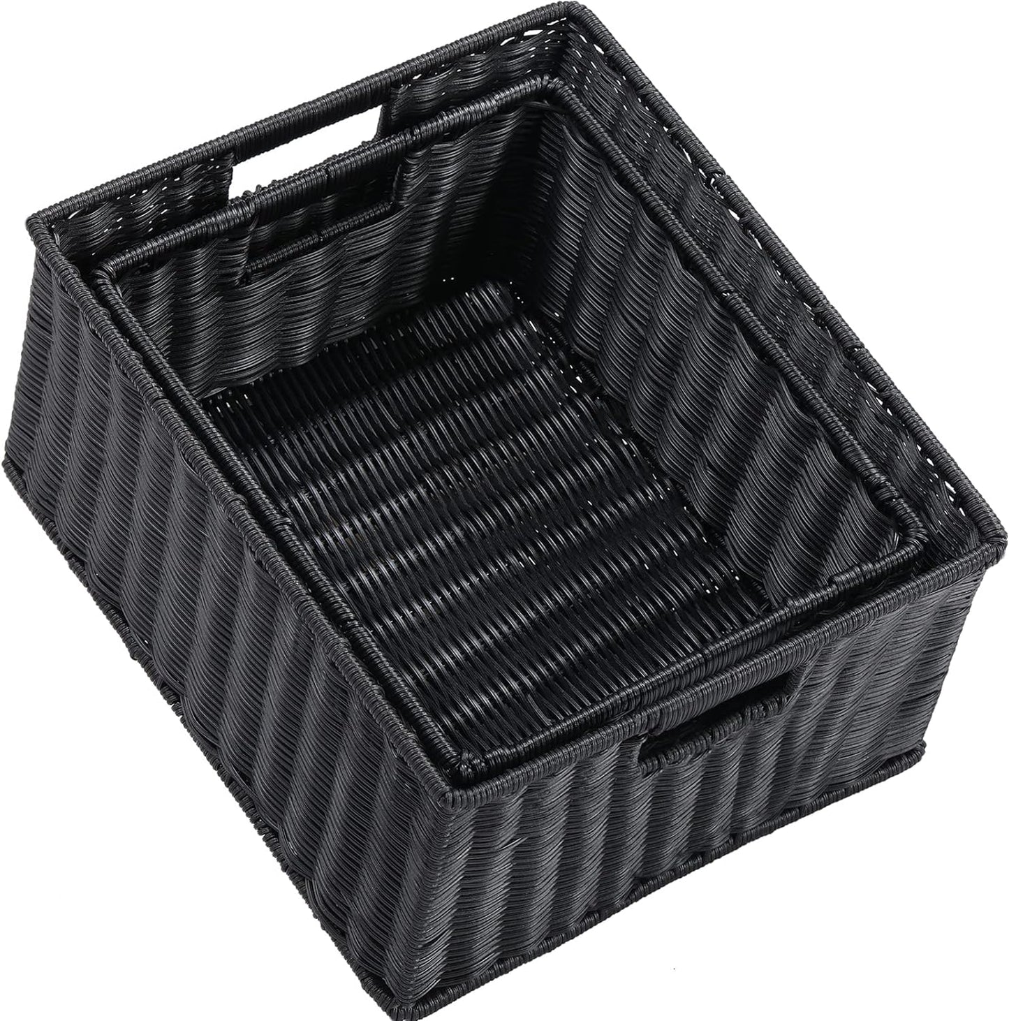 HOONEX Large Wicker Baskets for Storage, Plastic Baskets for Organizing with Dual Handles, Woven Baskets for Storage, Set of 2, (Black, 15 x 12.8 x 7.5 inches)