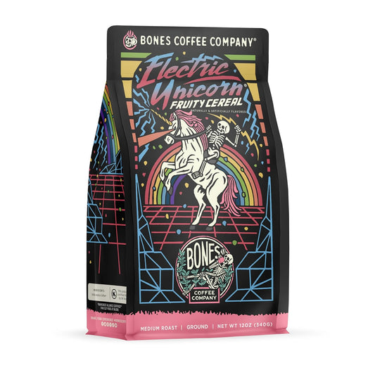 Bones Coffee Company Electric Unicorn, Fruity Cereal With Milk Flavored Coffee, Medium Roast Low Acid Arabica Beans Compatible with Auto drip and French Press Coffee Maker, 12 Oz Ground
