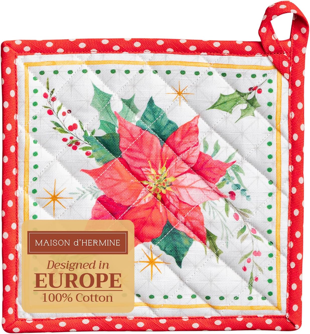 Maison d' Hermine Pot Holders 100% Cotton Heat Resistant Potholders 8" x 8" Hot Pads with Loop BBQ, Cooking, Baking, Grilling, Kitchen, Handling Hot Pans (Pack of 1, Poinsettia Christmas)