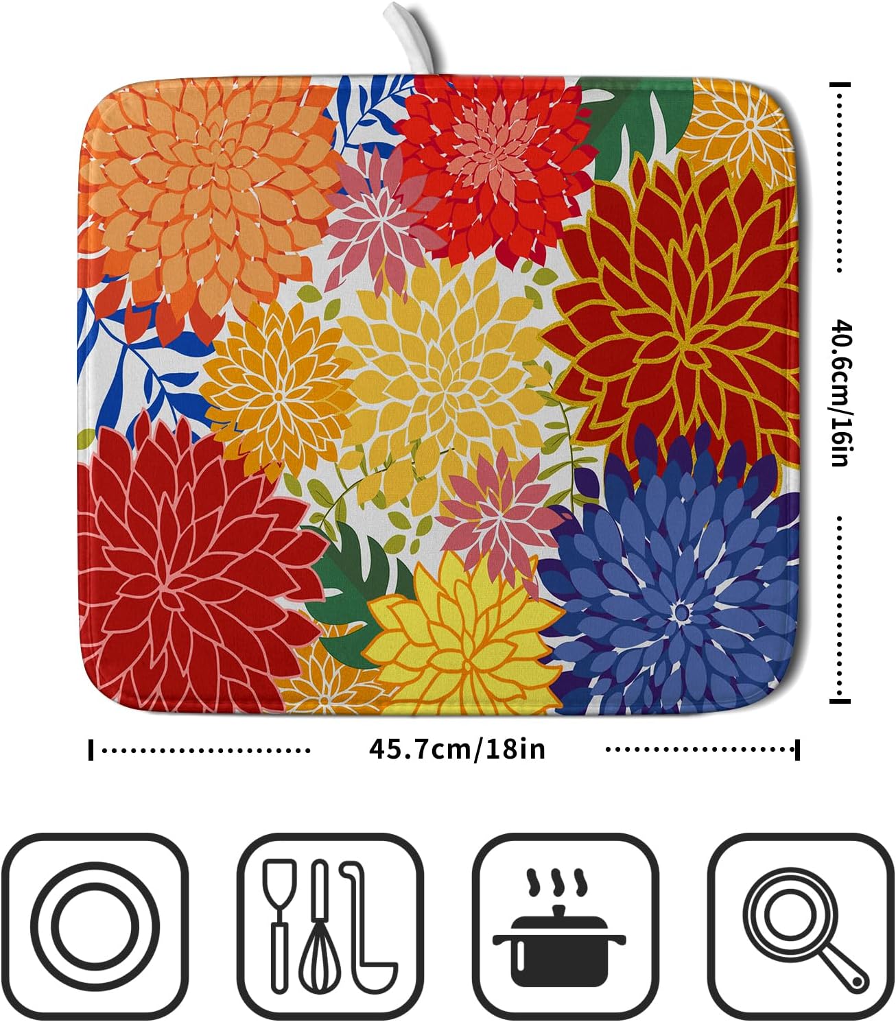 Modern Floral Dish Drying Mat 16x18 in Multicolored Tropical Drying Pad for Kitchen Counter