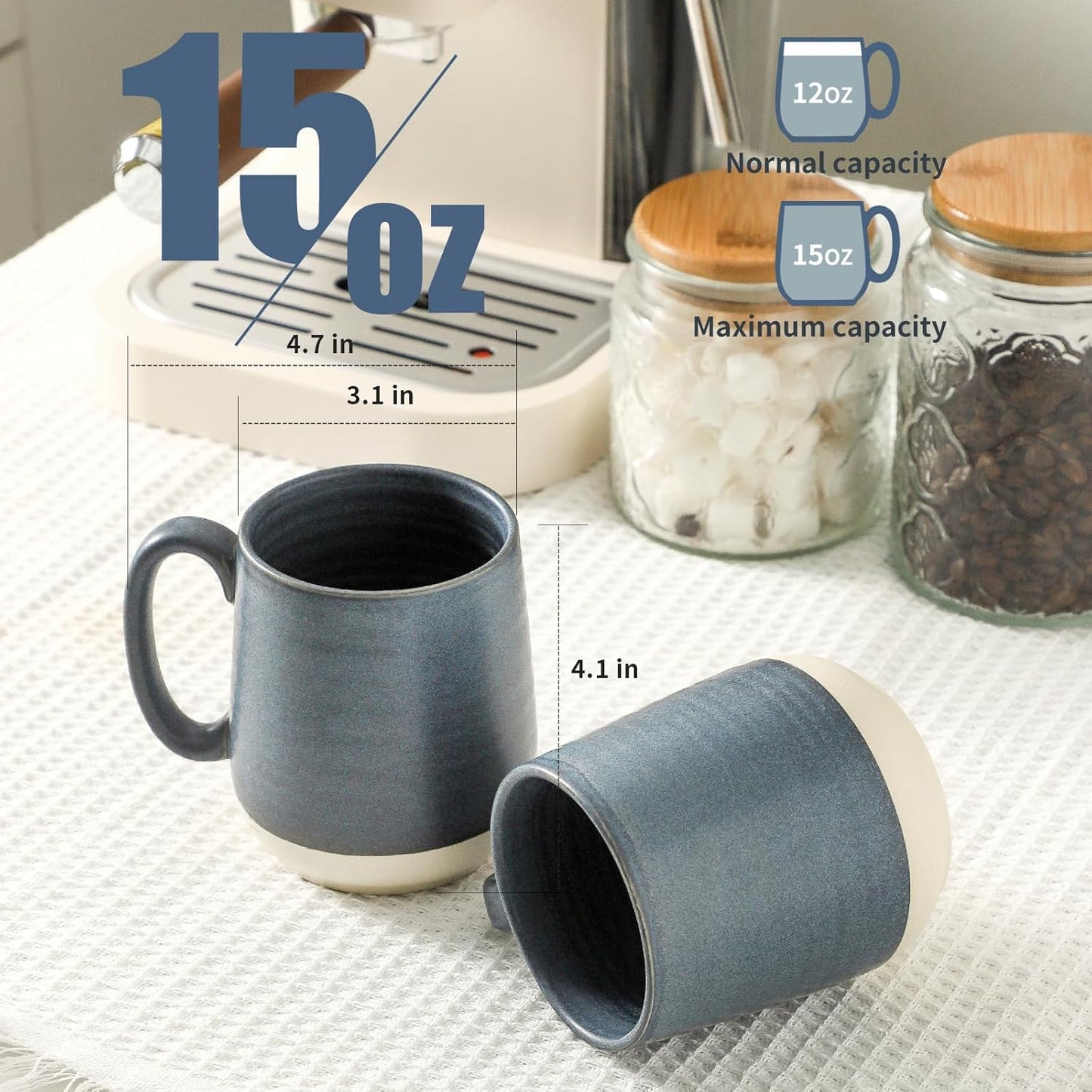 Hasense Coffee Cups Ceramic, Coffee Mugs with Handles Set of 4, 15 oz Tea Cups for Home and Office, Stylish Colorblocking Mugs for Coffee, Tea, Latte, Hot Chocolate, Christmas Cups Gift, Deep Blue