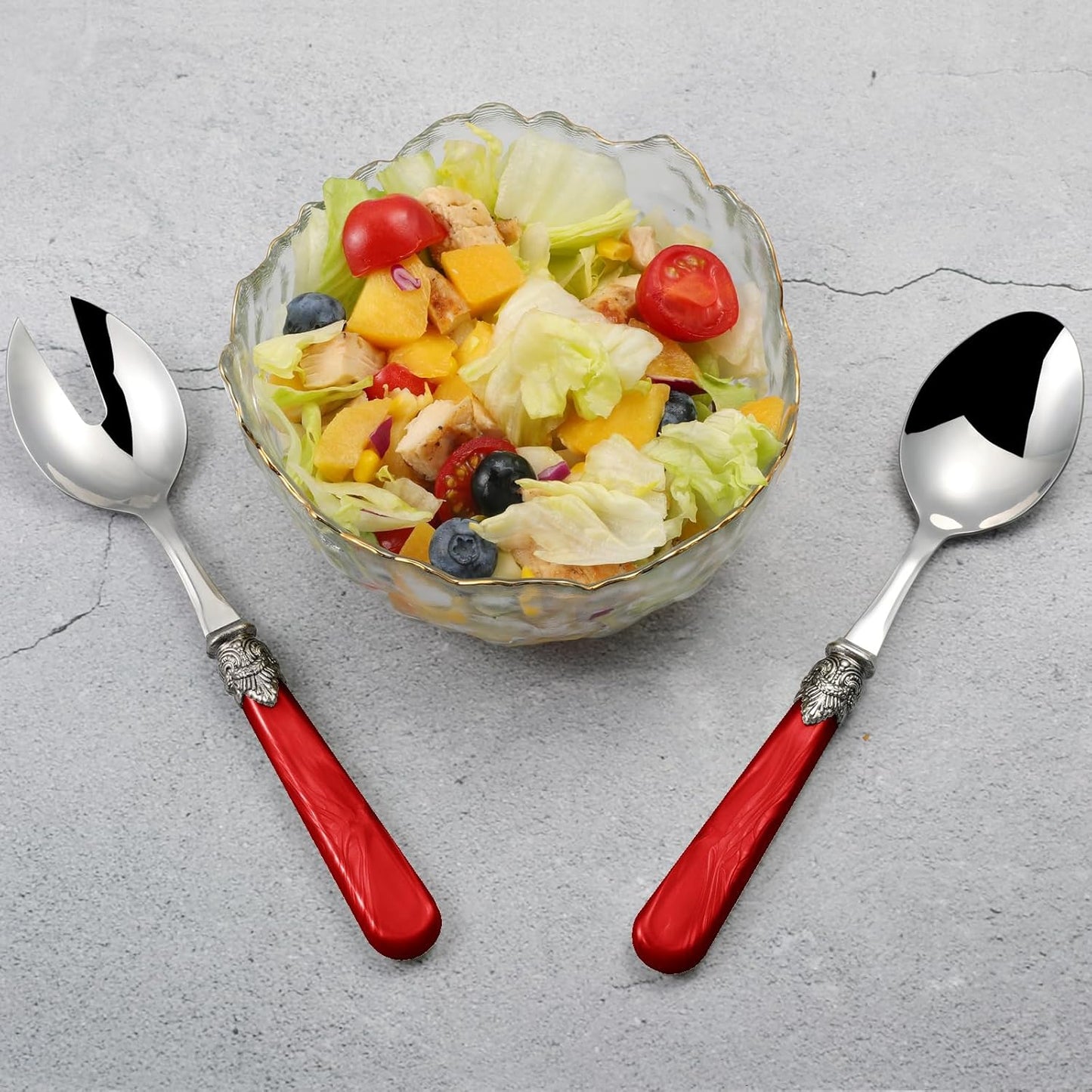 2-piece Salad Servers Stainless Steel Salad Serving Set Salad Fork and Spoon (Red)