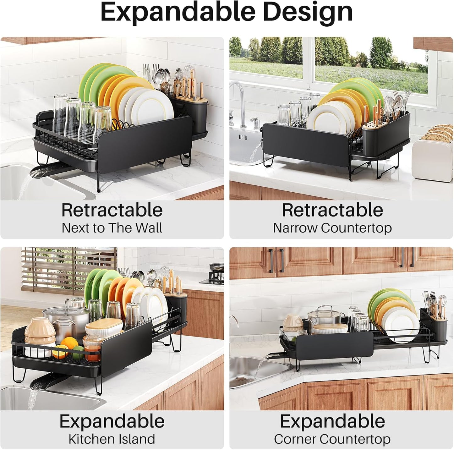 Dish Drying Rack - Large Dish Racks for Kitchen Counter, Expandable Dish Drainers with Cutlery Holder Stainless Steel Rustproof, Black