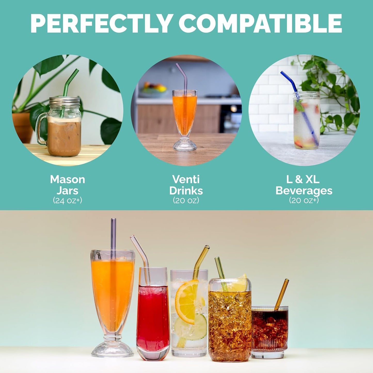 Simply Straws 8 Inch Glass Straws Bent (6-Pack) – Reusable Glass Straws for Pints & Juice Drinkware, with Cleaning Brush – Dishwasher Safe, Hot & Cold Use, BPA-Free (Iridium)