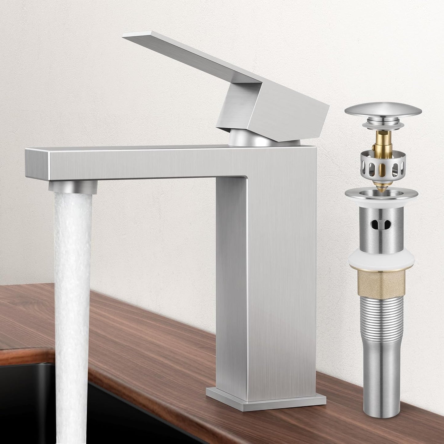 KES Bathroom Faucet Single Hole & Bathroom Sink Drain with Overflow, cUPC Certified Vanity Faucet Brushed Stainless Steel, L3156ALFF12-BS-C1