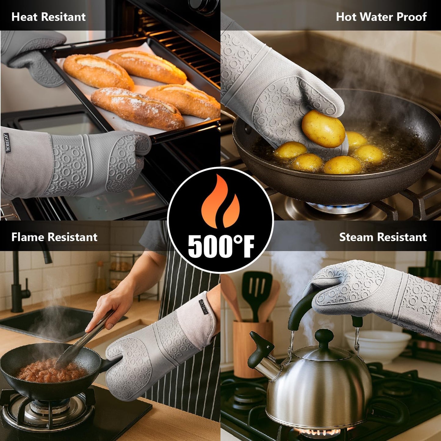 Rorecay 6pcs Oven Mitts and Pot Holders Sets for Kitchen, Extra Long Silicone Oven Gloves High Heat Resistant 500 Degrees Non-Slip Potholders Hot Pads for Baking Cooking, Grey