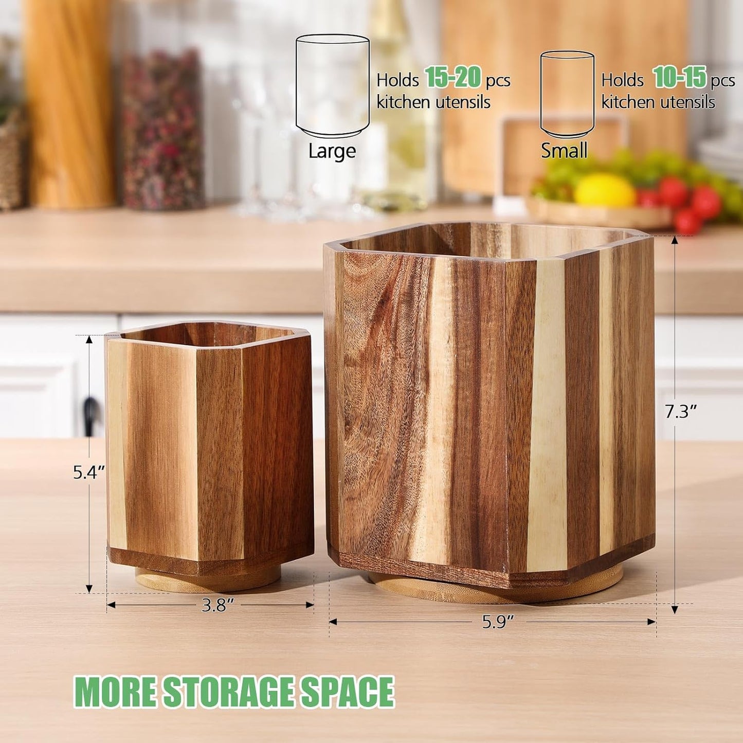 2 Pack Wooden Utensil Holder, 360°Rotating Kitchen Cooking Utensil Crock, Spoon Spatula Holder for Kitchen Counter, Farmhouse Countertop Organizer(Acacia,Square)