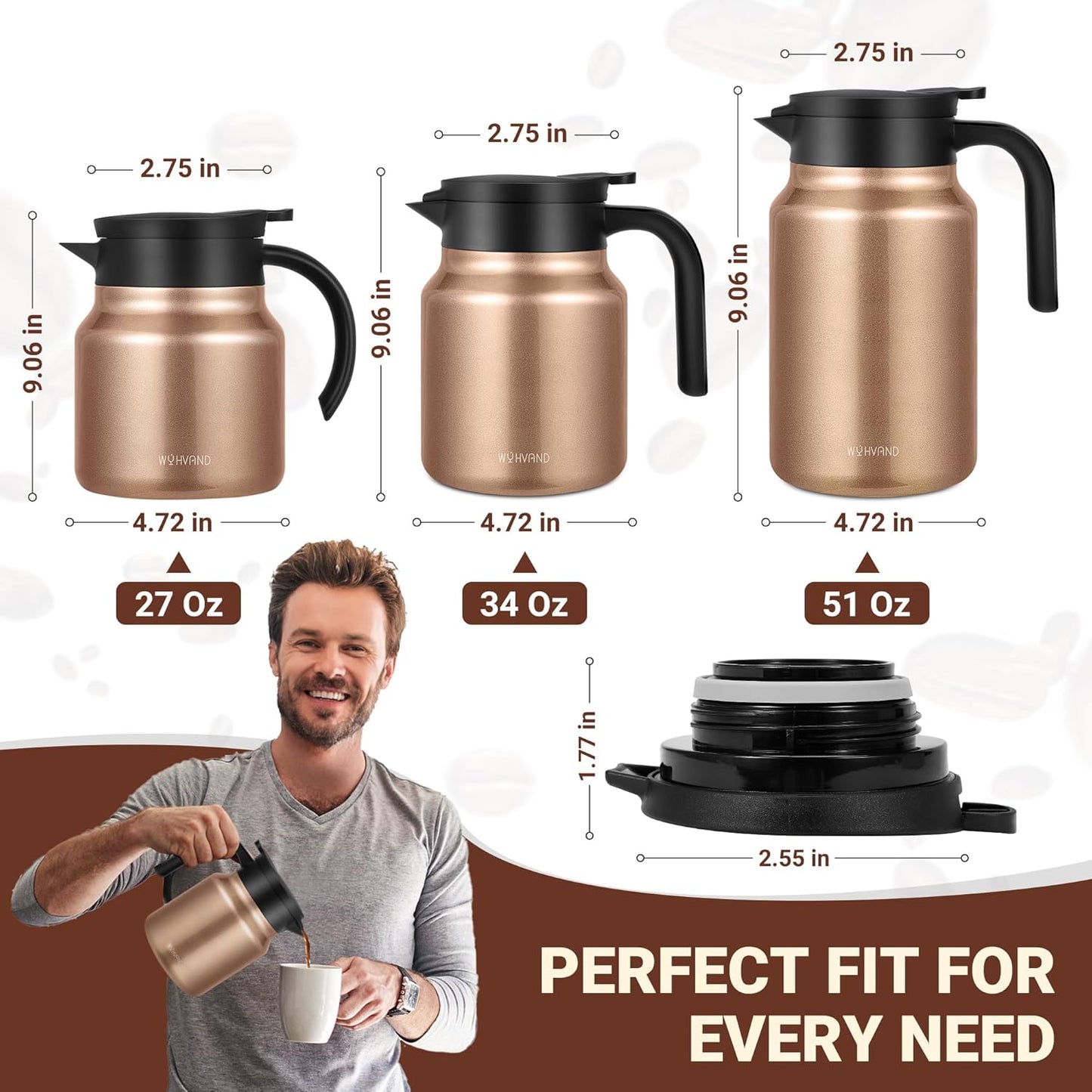51Oz Thermal Coffee Carafes For Keeping Hot/Cold, Stainless Steel Coffee Carafe, Dustproof Insulated Water Carafe for Party/Home, Copper