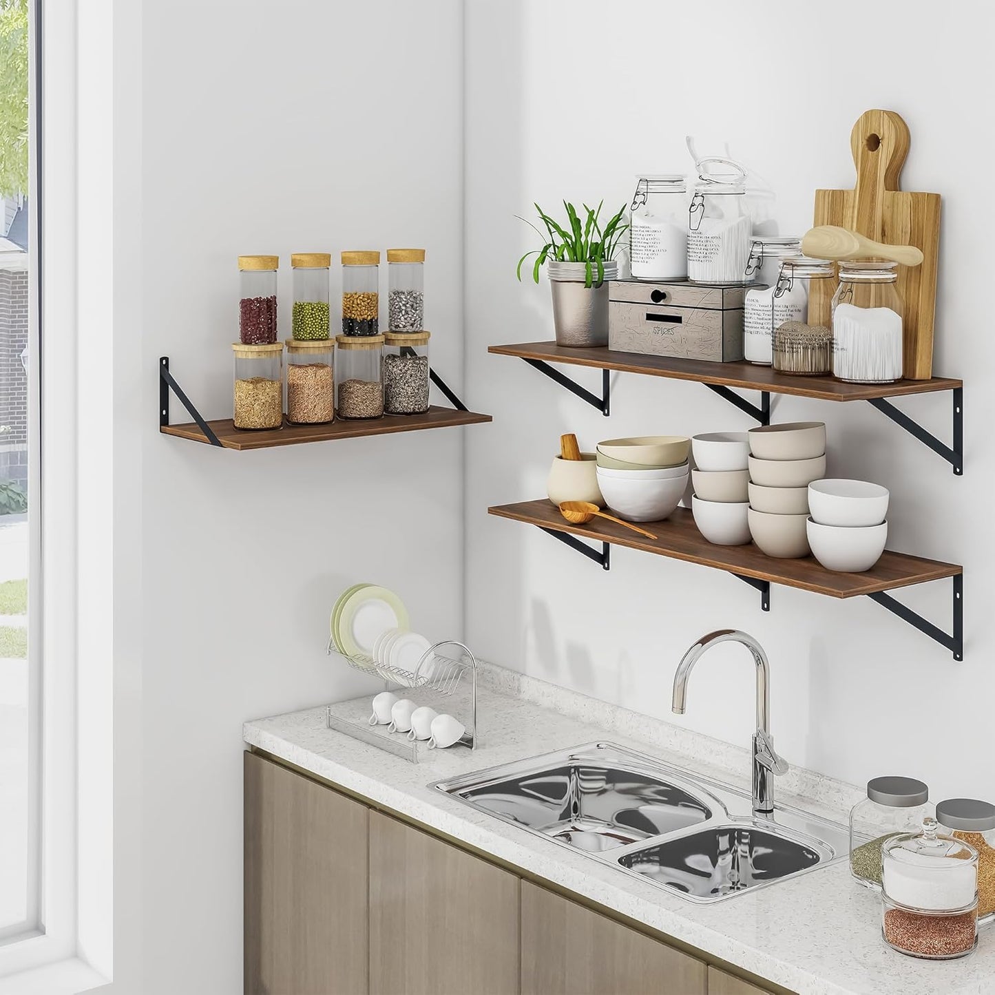 Heimlove 12 Inch Deep Floating Shelves for Wall, 24W x 12D Wood Wall Shelves Set of 2, Walnut Wide Floating Bookshelf for Living Room, Kitchen, Office, Bedroom, with Black Metal Bracke - Walnut