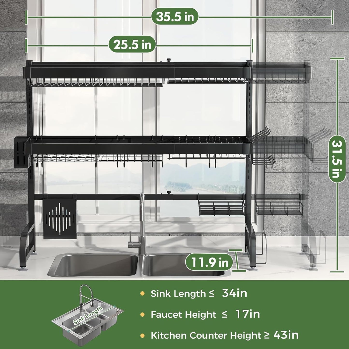 3 Tier Extra Large Stainless Steel Expandable Over The Sink Dish Drainer Drying Rack, Rust Proof Metal, Space Saving, Modern Black Big Capacity Extendable Plate Strainers Above Kitchen Counter