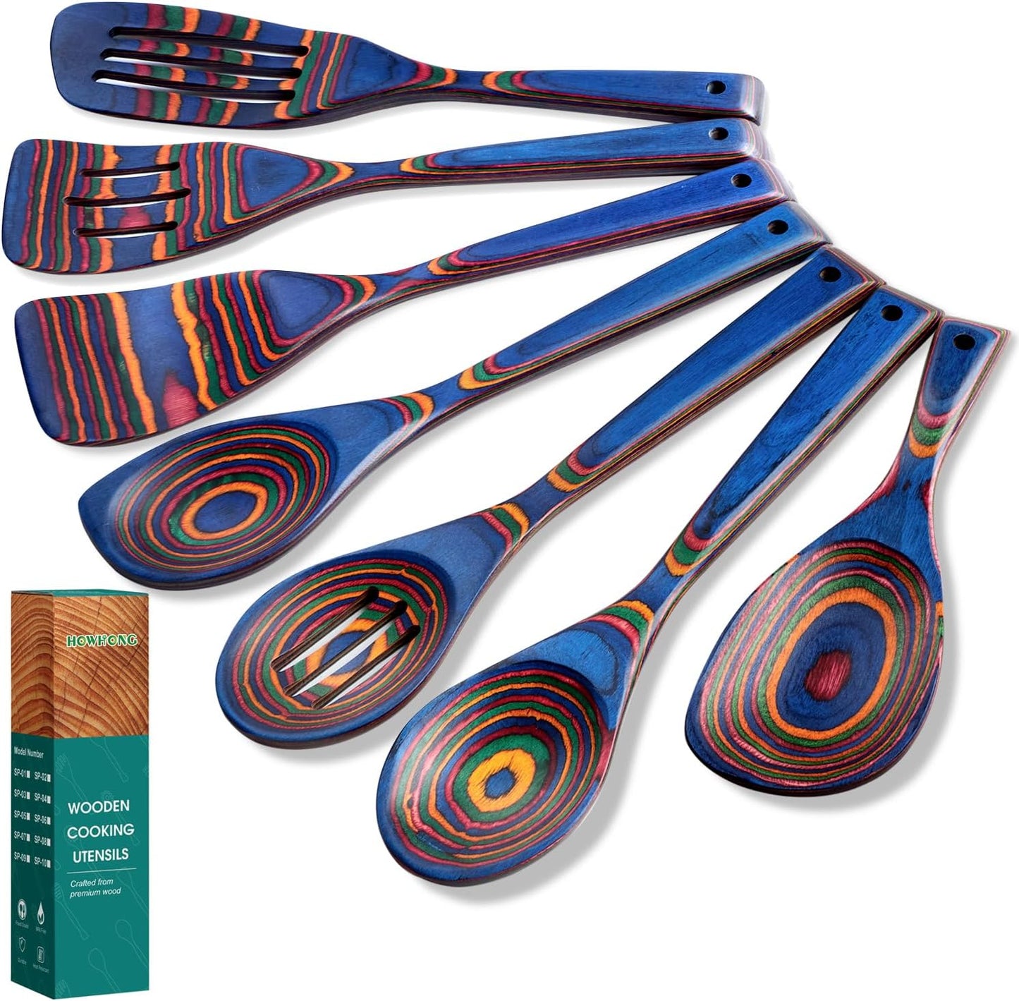 Kitchen Pakkawood Wooden Spoons for Cooking – 7-Piece Kitchen Utensil Set with Spatula, Corner Spoon, Rice Paddle – Nonstick Safe Durable Wooden Cooking Tools for Home Kitchen (Spectrum) by Howhong