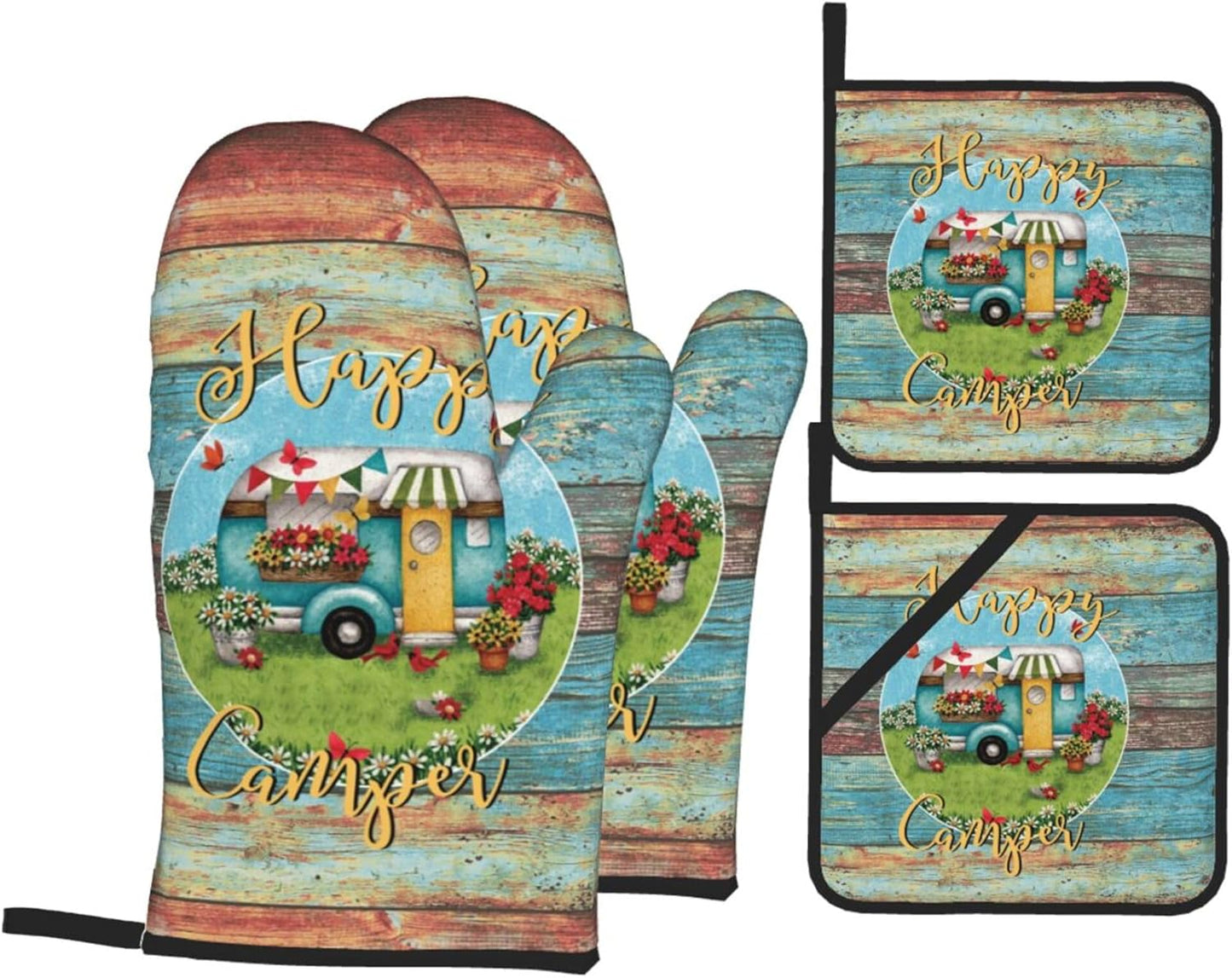 Happy Camper Oven Mitts and Pot Holders Sets of 4,Resistant Hot Pads with Polyester Non-Slip BBQ Gloves for Kitchen,Cooking,Baking,Grilling
