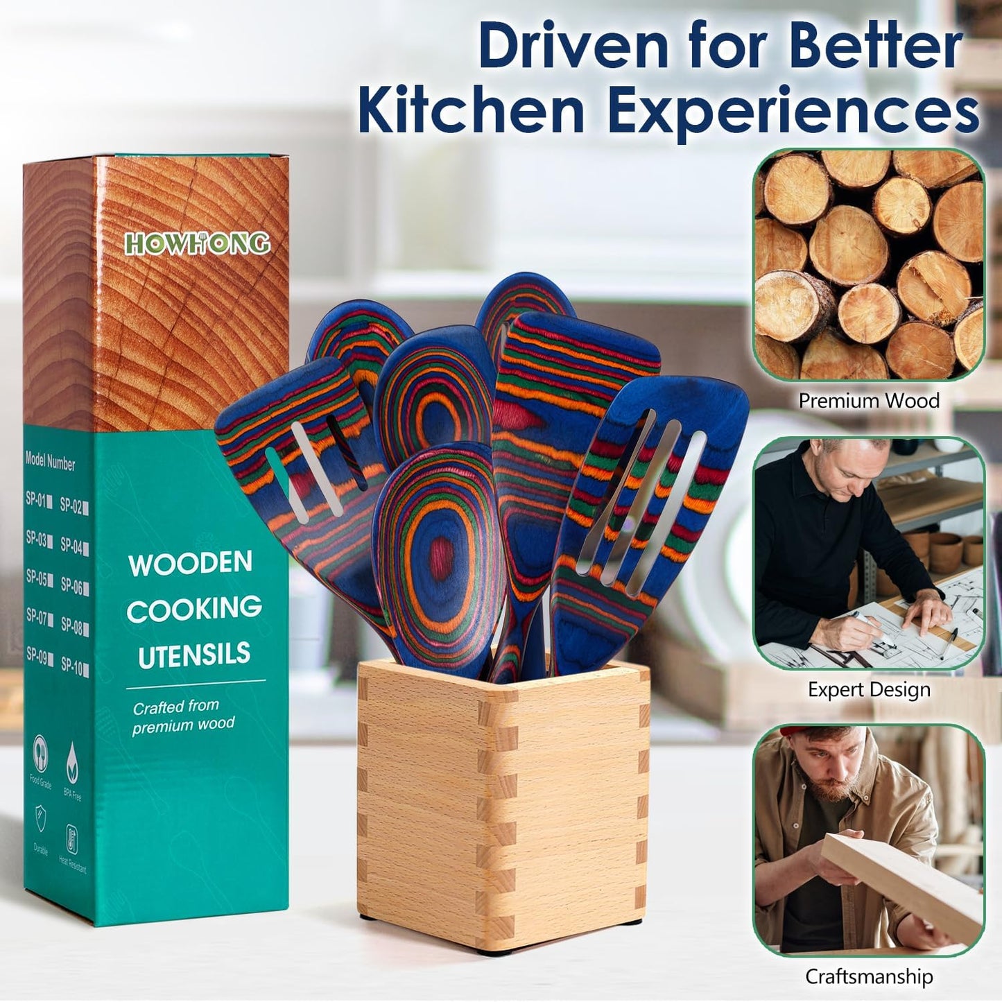 Kitchen Pakkawood Wooden Spoons for Cooking – 7-Piece Kitchen Utensil Set with Spatula, Corner Spoon, Rice Paddle – Nonstick Safe Durable Wooden Cooking Tools for Home Kitchen (Spectrum) by Howhong