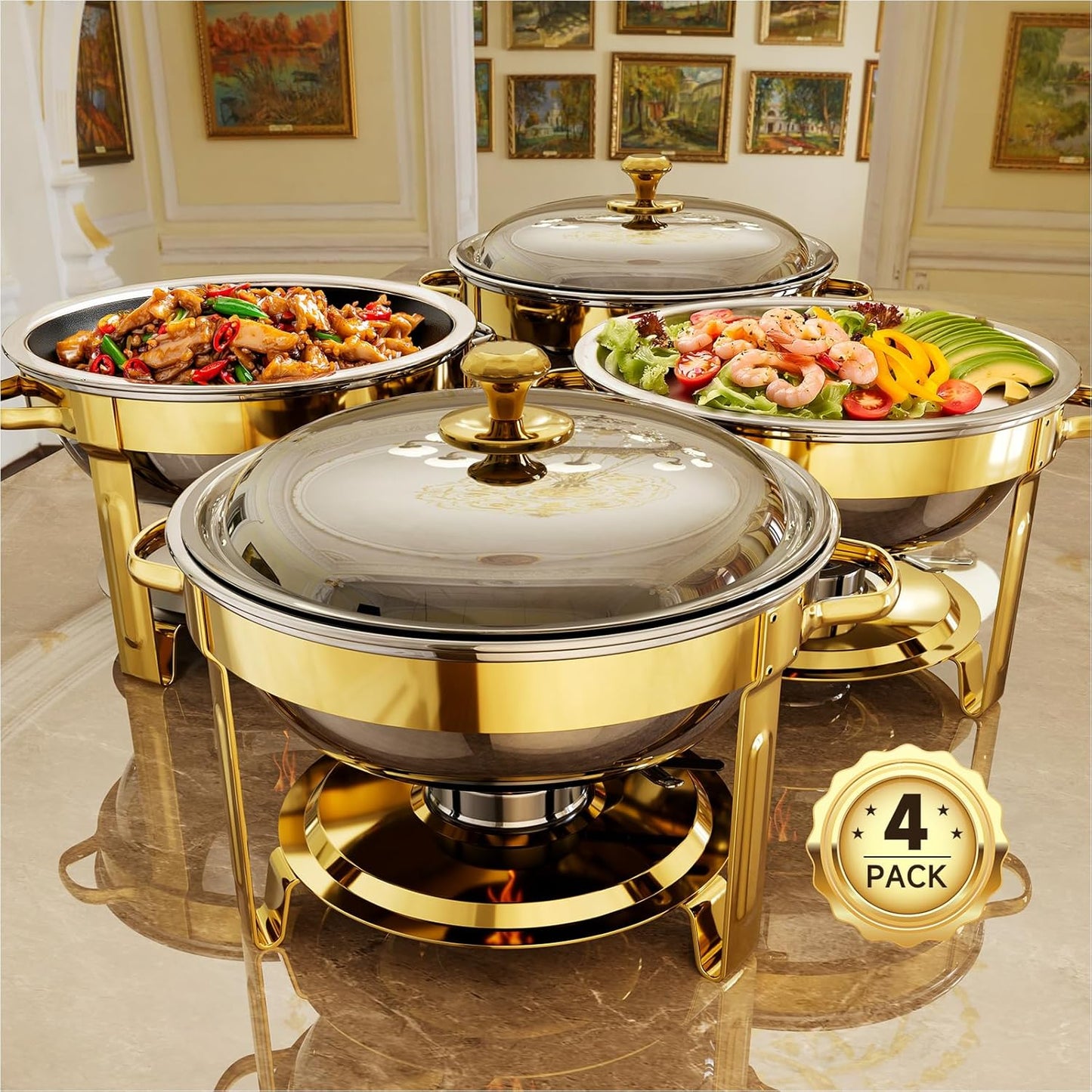 Chafing Dishes for Buffet, 4 Pack 5QT Round Stainless Steel Chafing Dish Set for Home Parties, Christmas Gatherings, Catering Events Complete Buffet Warmer Set (Golden 4)