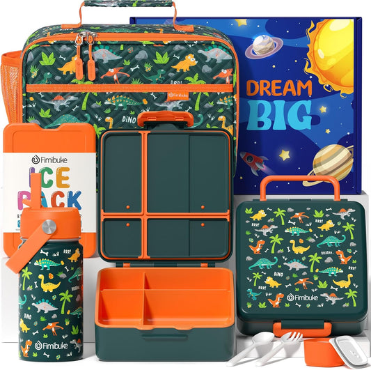Fimibuke Kids Bento Lunch Box with 4 Compartments, Insulated lunch Bag, Stainless Steel Insulated Water Bottle, Ice Pack & Utensils Set, Birthday Gifts for Ages 3-12 Back to School Toddler Girls Boys