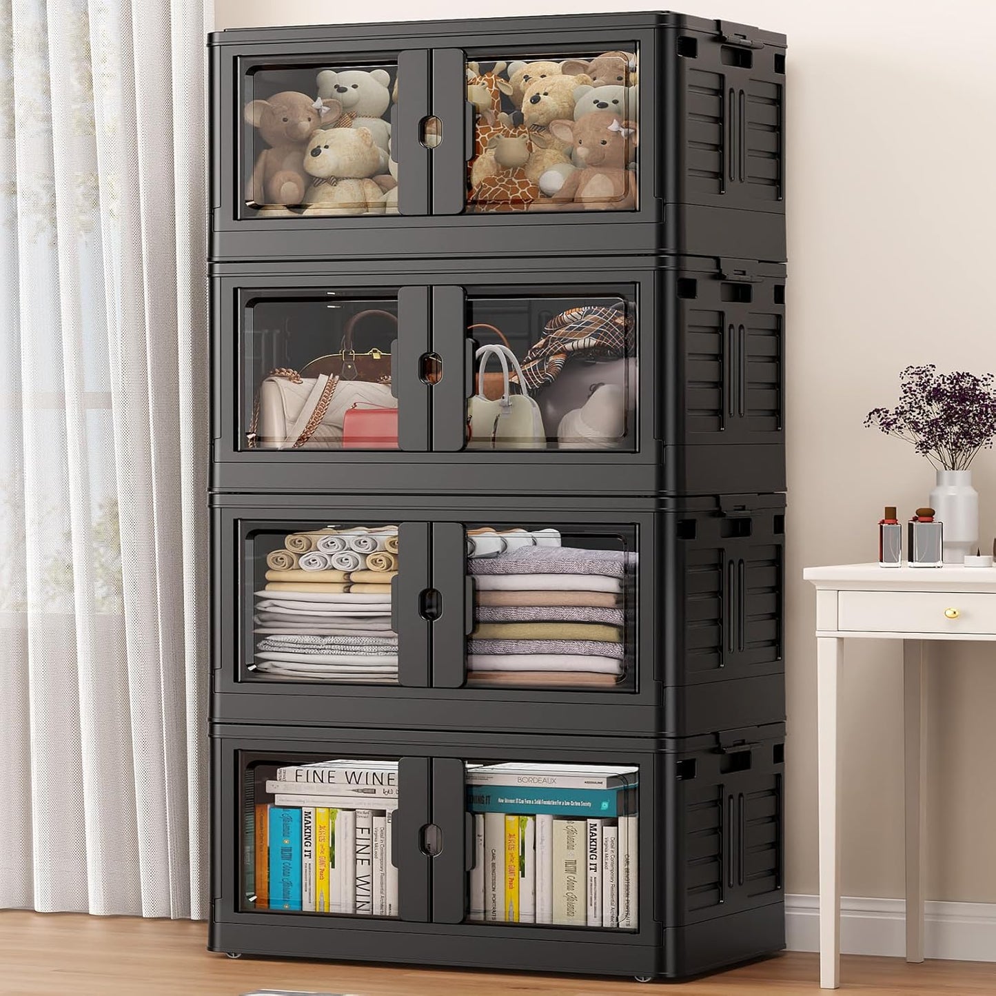 460Qt Stackable Storage Bins with Individual Lids & Wheels, Large Plastic Collapsible Latching Boxes Closet Organizers and Storage Cabinet Shelves Units for Home Kitchen Dorm, 4-Pack Black