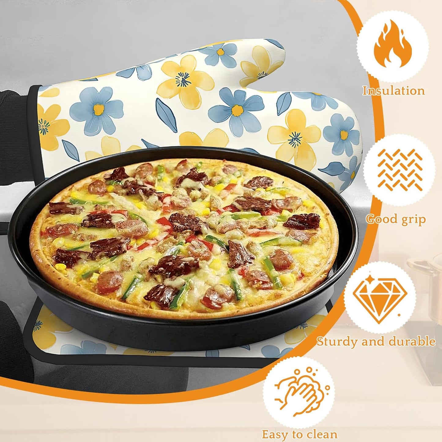 Cute Floral Oven Mitts and Pot Holders,Yellow Blue Flower Heat Resistant Oven Mitts Gloves and Pot Holder for Home Kitchen Decorations Cooking Baking BBQ Gifts,Set of 4