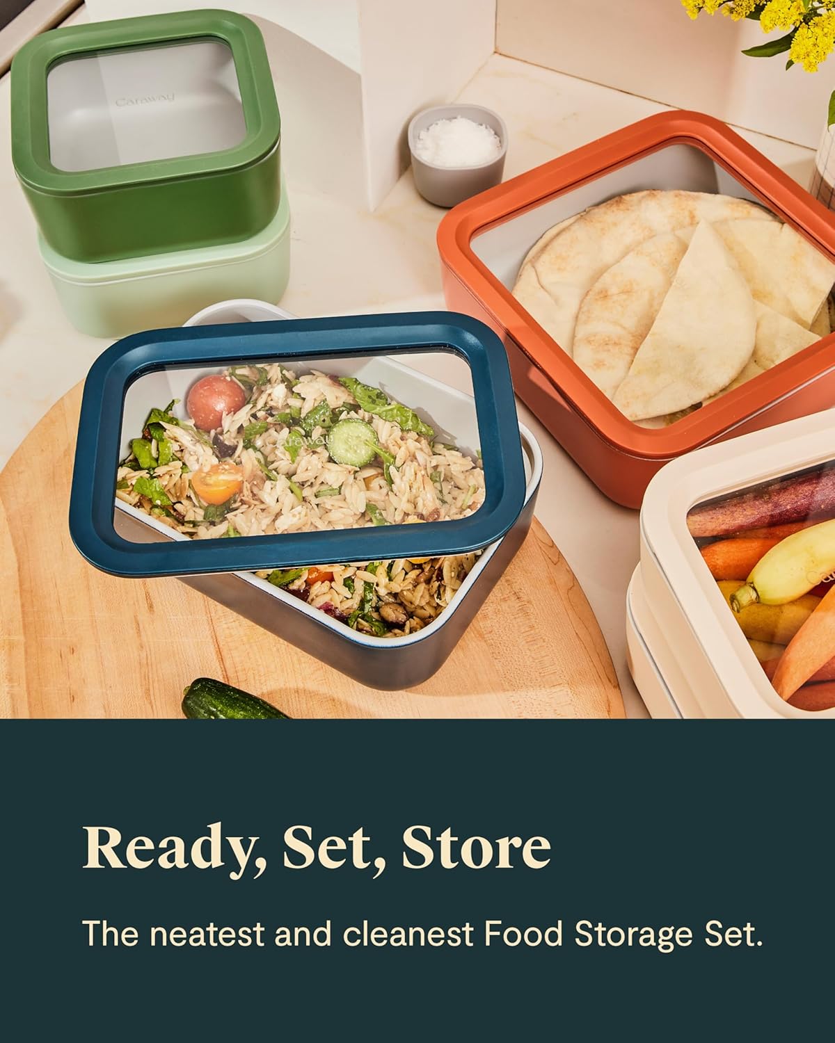 Caraway 14pc Glass Food Storage Container Set - Easy to Store, Non Toxic Lunch Box - with Glass Lids - Includes Storage Organizer & Dot & Dash Inserts - Mist