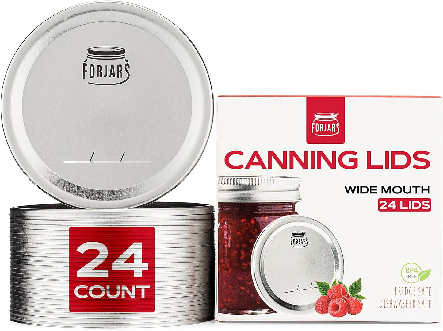 FORJARS - Wide Mouth Canning Lids, 24-Pack – Create Airtight Seals on Mason Jars to Preserve Food for Meal Prep & Emergency Food Storage – 3.4 In. Metal Lids with Silicone Seals – Canning Supplies
