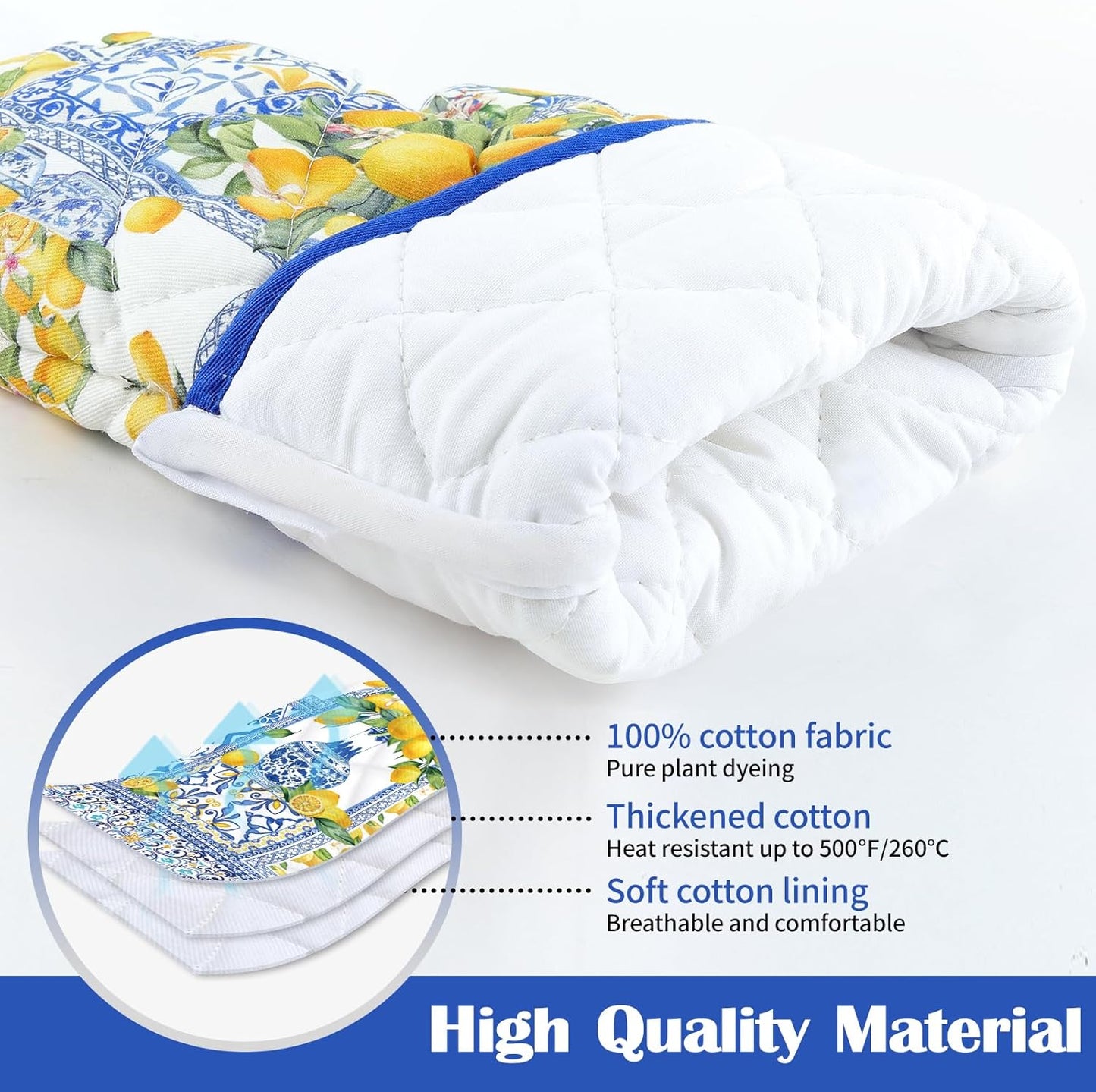 Yellow Lemon Oven Mitts and Pot Holders Sets 4Pcs, 100% Cotton Heat Resistant, Extra Long Oven Gloves Potholder for Kitchen Cooking Baking Decoration