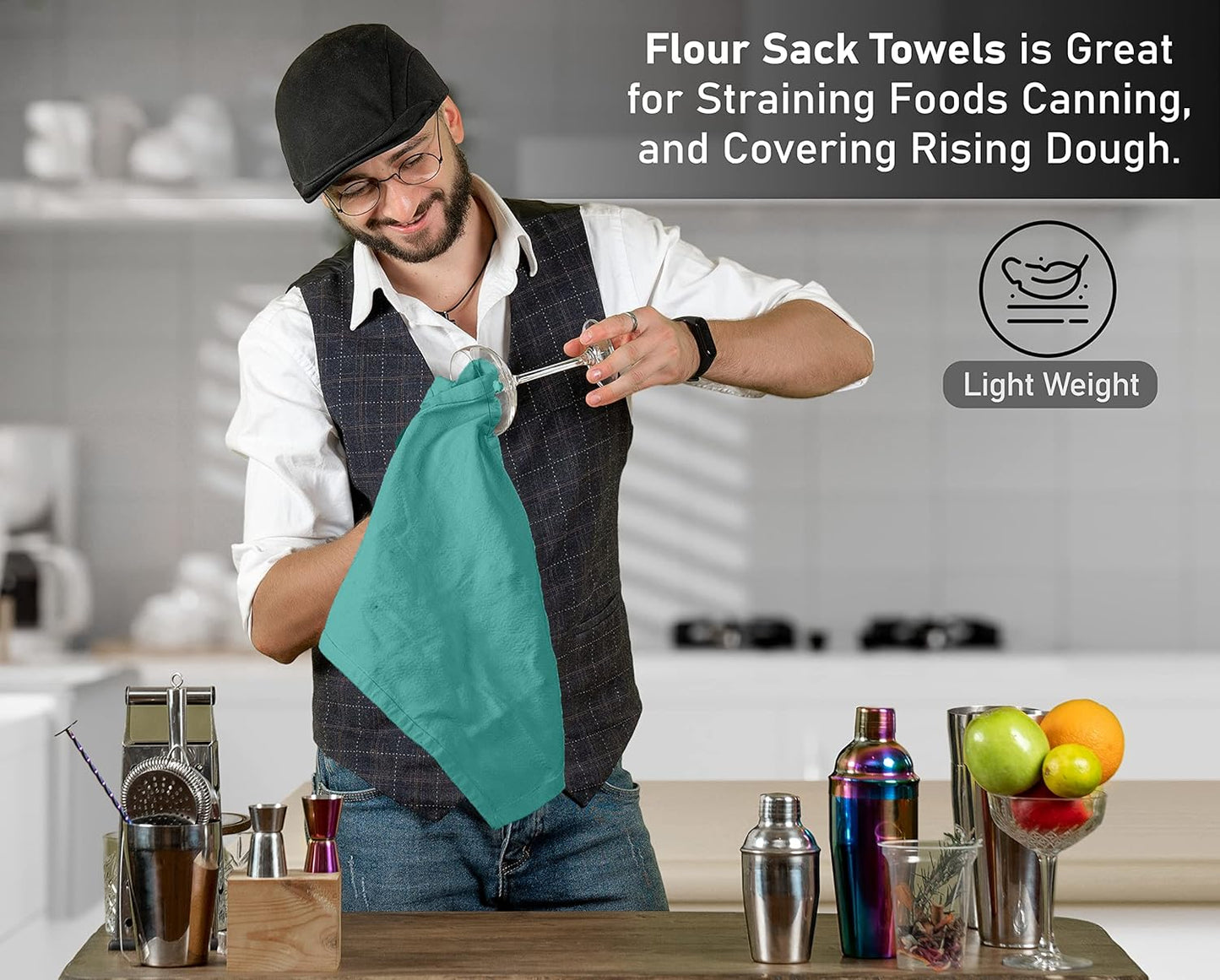 RUVANTI Flour Sack Towels 12 Pack 28 x 28 Inches, Ring Spun 100% Cotton Dish Towel, Machine Washable, Absorbent - Flour Sack Kitchen Towels for Drying and Cleaning - Turquoise