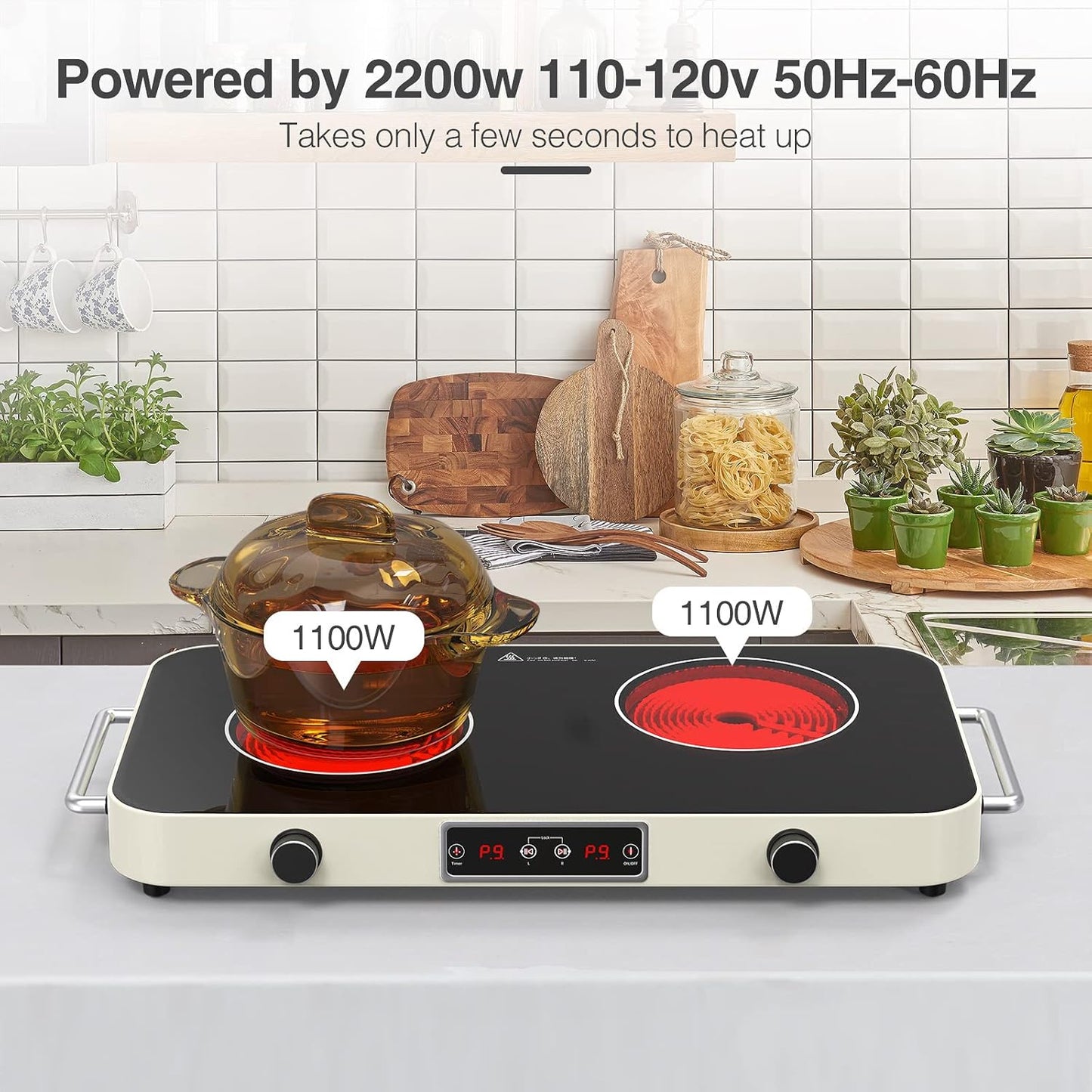 2200W Electric Cooktop 2 Burners: 12 Inch Portable Hot Plate Electric Stove Top - 110V/120V Double Burner Countertop with Timer, Knob Control, 9 Heating Levels, for All Cookware