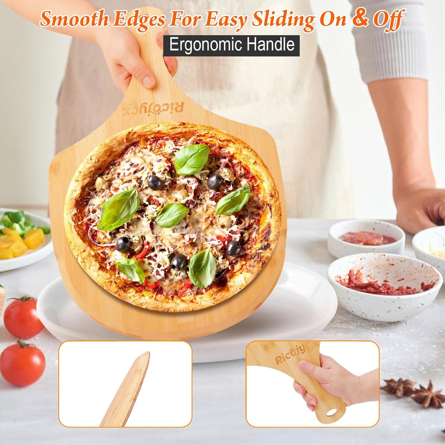 Pizza Peel 12 inch 2 Pack, Bamboo Wooden Pizza Peels for Pizza, Bread, Cheese, Vegetable, Fruits