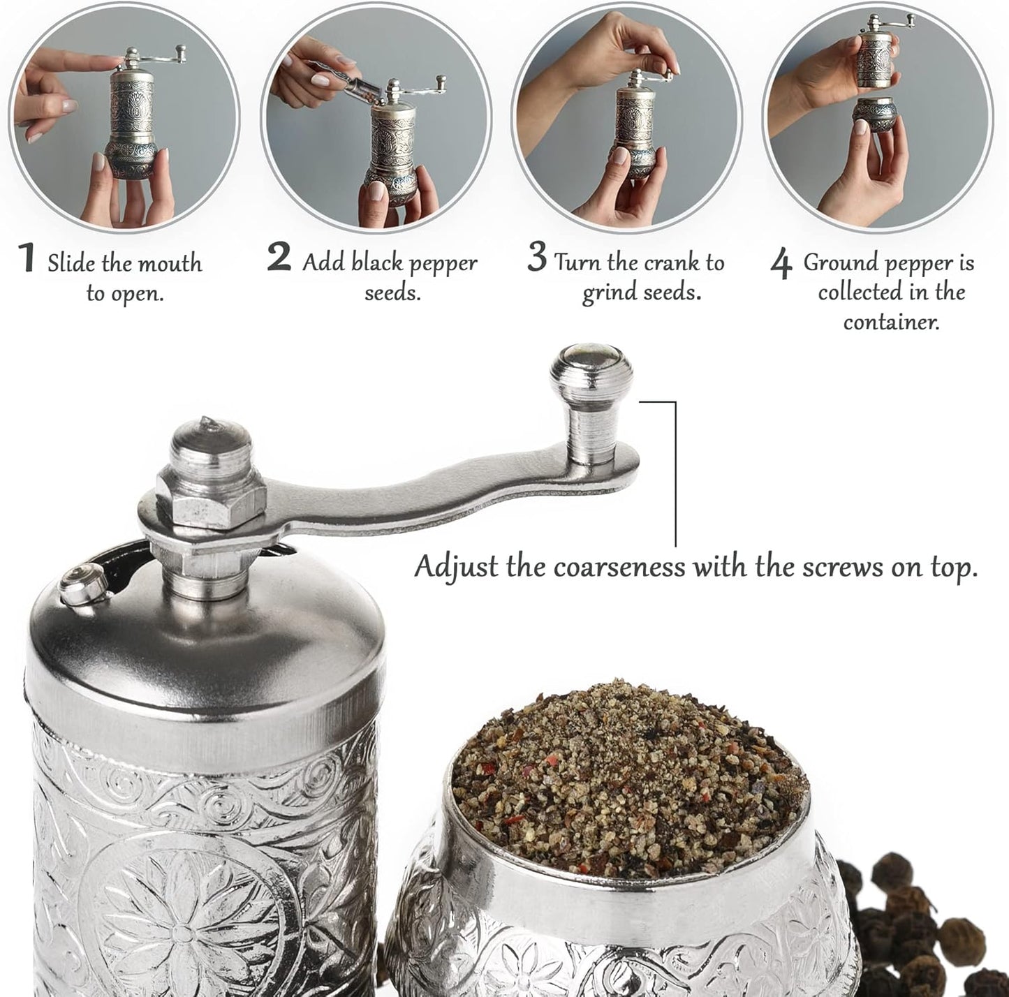 Decorative Black Pepper Grinder, Refillable Turkish Spice Mill with Adjustable Coarseness, Manual Pepper Mill with Handle, Spice Grinder Metal with Hand Crank, Bright Silver