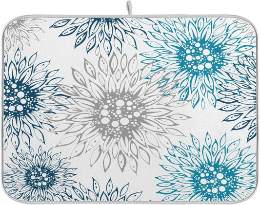Abstract Flowers Sunflowers Dish Drying Mat for Kitchen Counter Absorbent Microfiber Drying Pad, Medium 16x18 in, Blue White Reversible Drainer Mats