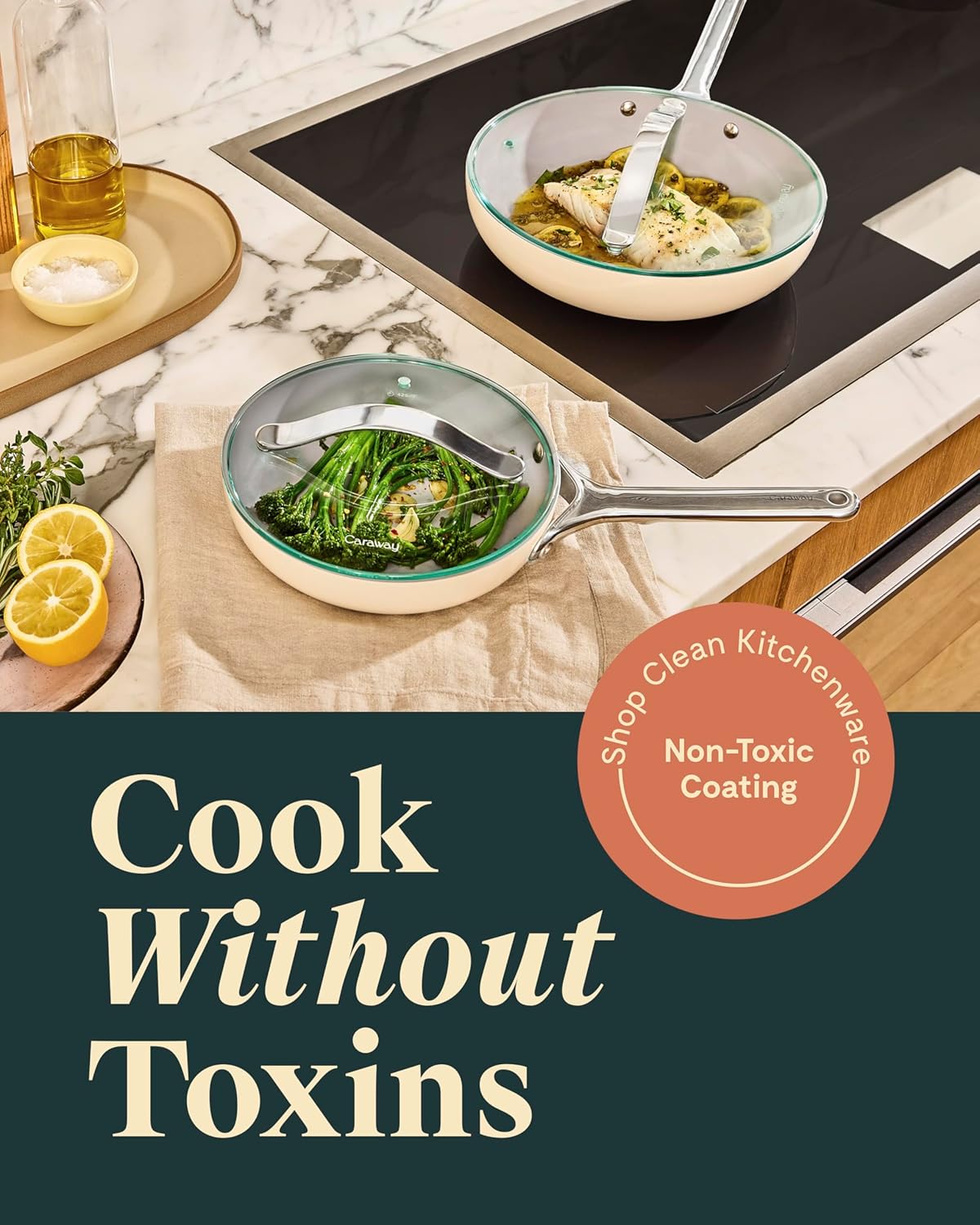 Caraway Ceramic Nonstick Fry Pan Set with Glass Lids – Includes Two 10.5” Fry Pans, One 8” Fry Pan, & Three Lids - Non Toxic, PTFE & PFOA Free - Oven Safe & Compatible with All Stovetops - Perracotta