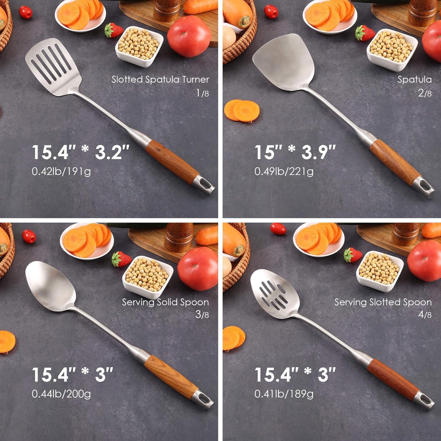 18/10 Stainless Steel Kitchen Utensils Set with Wood Handle - 15”Metal Cooking Tools & Serving Utensil, 8-Pieces Cooking Spoons Set - Spatula, Ladle, Skimmer, Turner, Pasta, Solid Spoon, Slotted Spoon