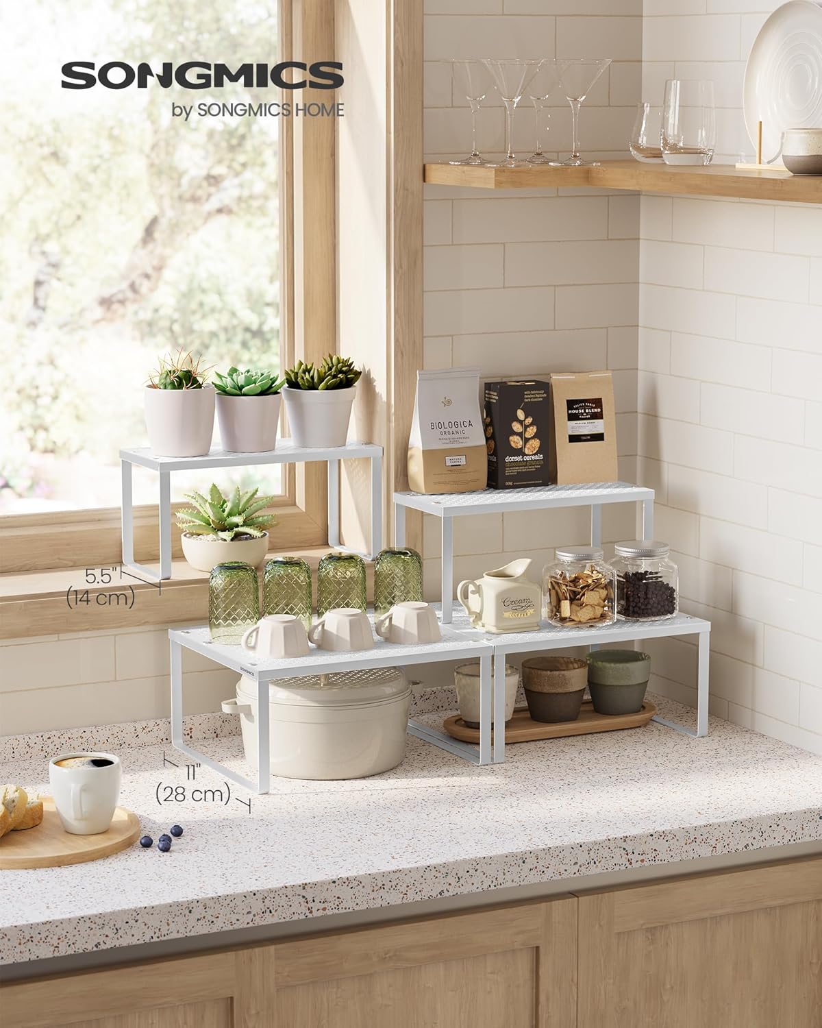 SONGMICS Spice Racks, Set of 2 Metal Cabinet Shelf Organizers, Countertop Organizers, Shelf Risers, Stackable, Expandable, White UKCS005W01