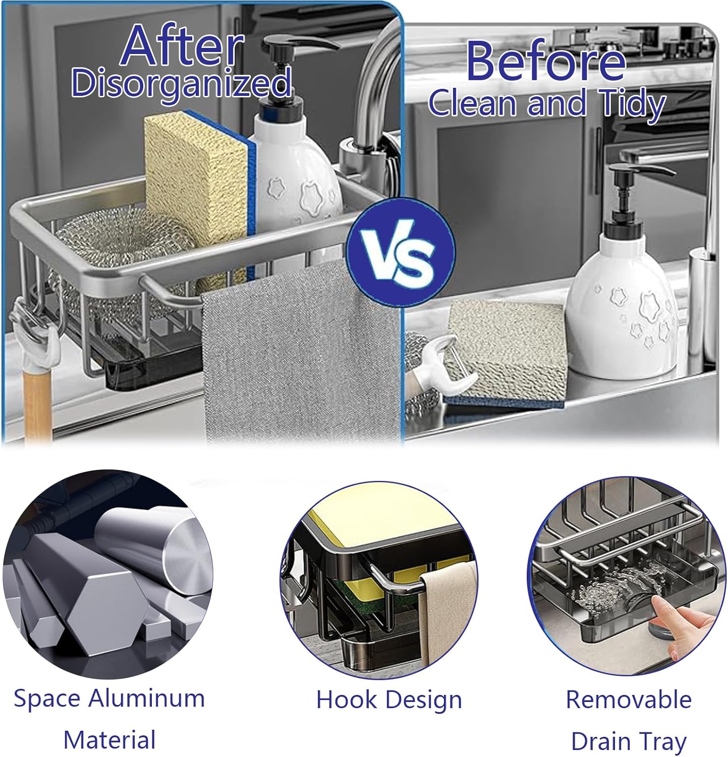 Kitchen Sink Faucet Organizer Multifunction Sponge Holder Organizer Sink Drain Holder Over Faucet Kitchen Sink Caddy with Hook Adjustable for 0.7-1.1inch Round Water Pipe (Black, B)