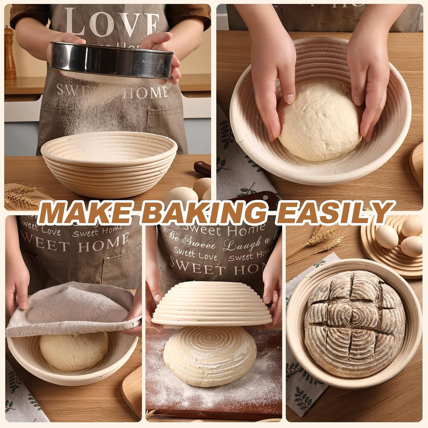 Banneton Bread Proofing Basket Set of 4PCS 9 Inch Round Sourdough Dough Proofing Bowls for Sour Dough Bread Baking Supplies, Proofing Basket or Home Sourdough Bakers Baking