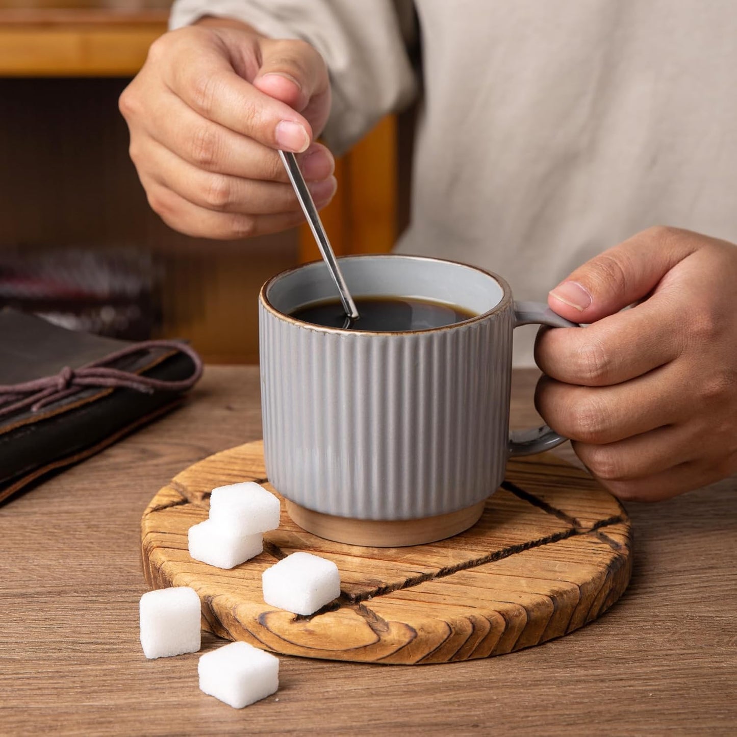 GBHOME 15OZ Stackable Coffee Mugs, Ceramic Coffee Mugs with Texture Patterns for Man,Woman,Dad,Mom, Modern Coffee Cups Set of 4 for Latte/Cappuccino/Cocoa. Dishwasher&Microwave Safe, Gray