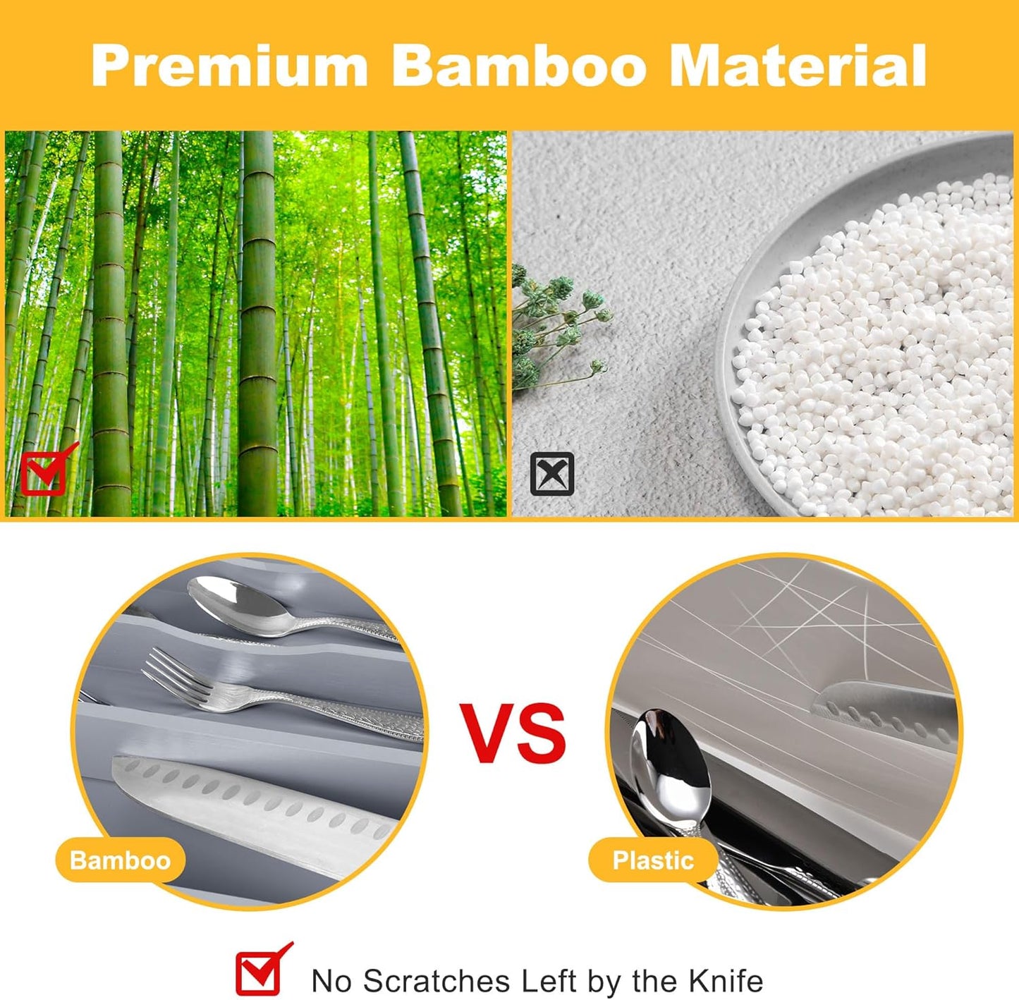 Kitchen Bamboo Silverware Organizer, Kitchen Drawer Organizer - Utensil Holder and Cutlery Tray with Grooved Drawer Dividers for Flatware 7 Slot, Grey