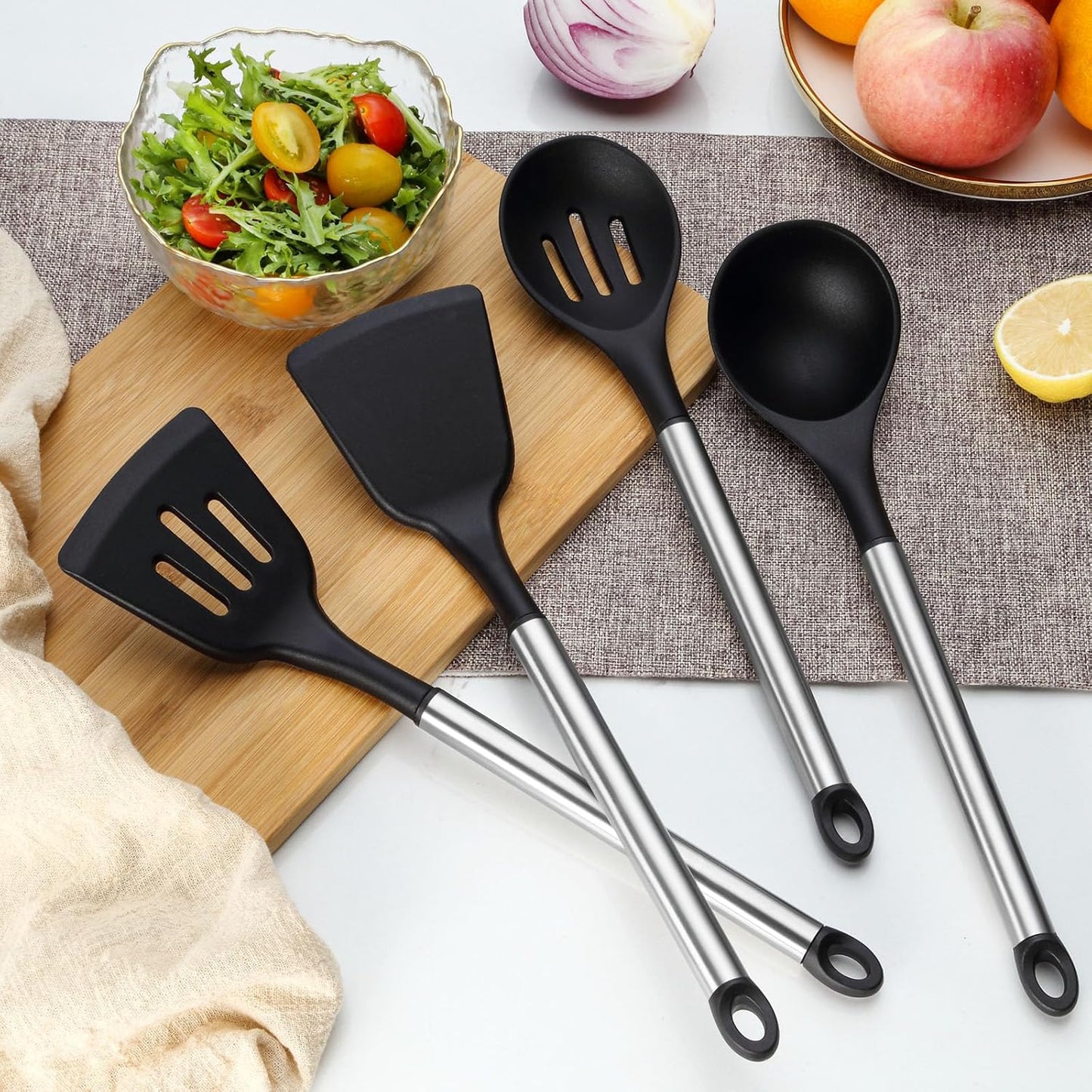 Pleafind 4-Pcs Silicone Cooking Utensils Set, Wok Utensils Set Include Wok Ladle, Slotted Spoon, Solid Spatula and Slotted Spatula, Silicone and Stainless Steel Kitchen Utensils, Dishwasher Safe