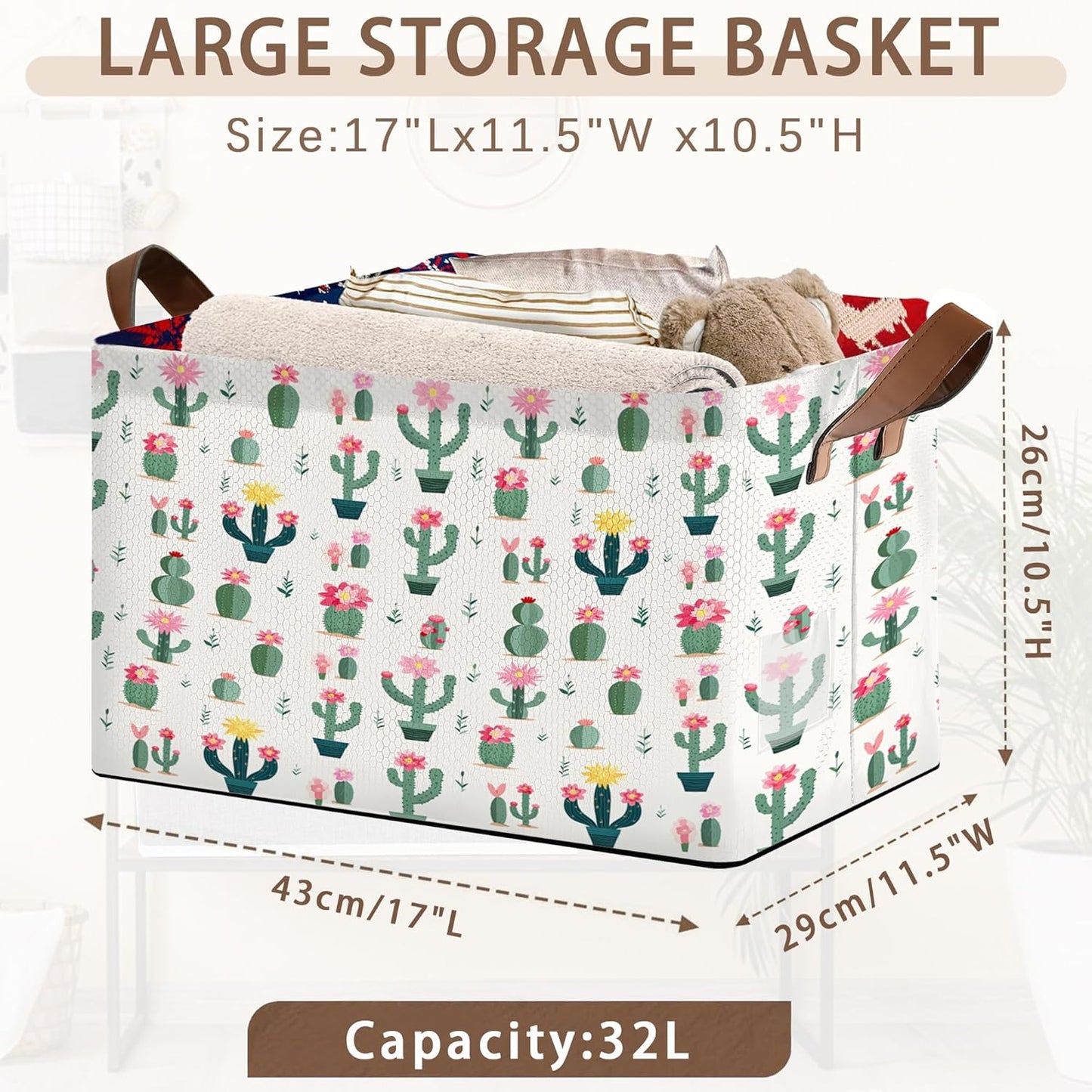 Desert Bloom Storage Basket Large 17x11.5x10.5 Inche-Collapsible Fabric Organizer Bin with Handles for Southwest Decor, Nursery, Boho Style-Decorative Hamper with Succulent & Flower-Single Pack