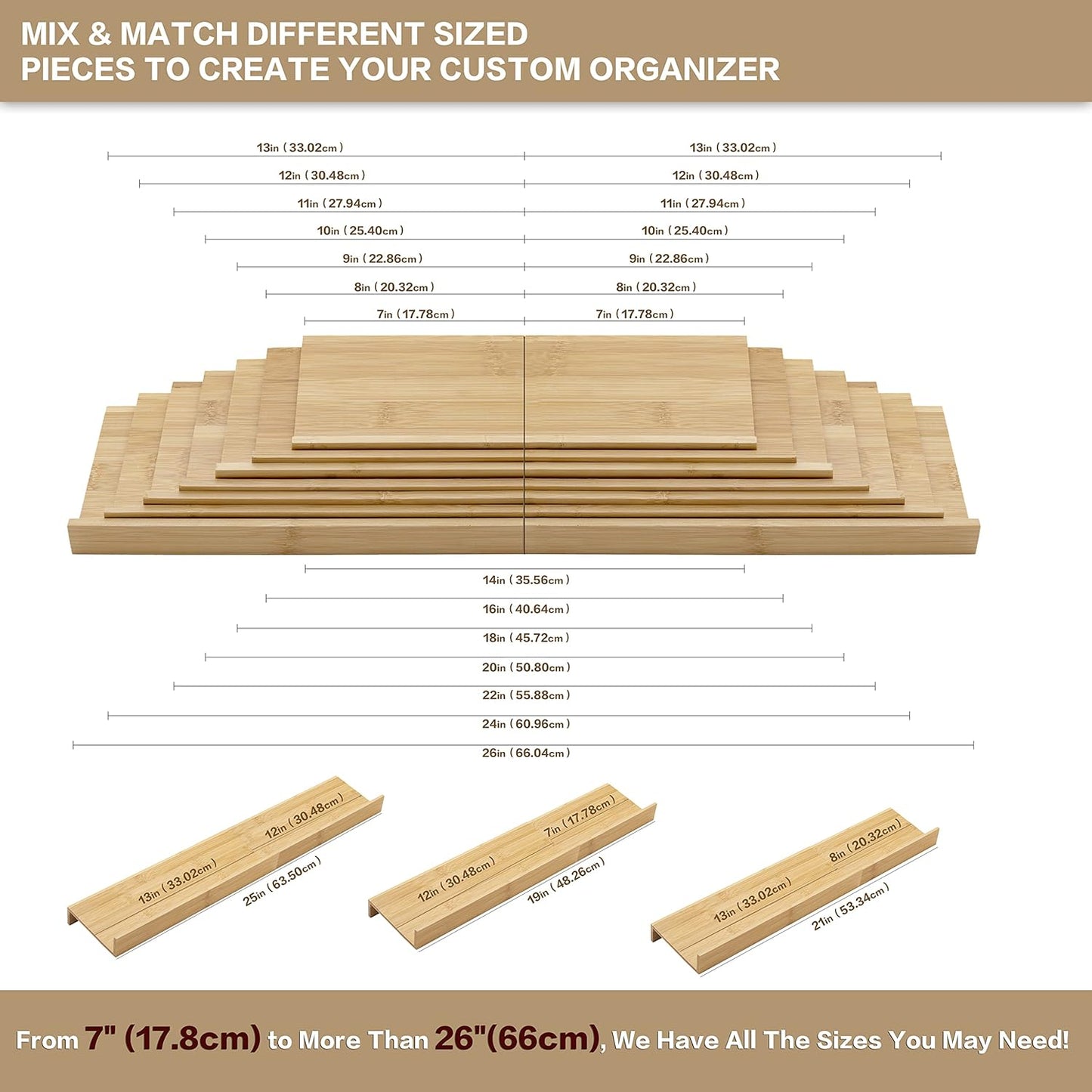 Bamboo Spice Rack Drawer Organizer - 8 Pieces Set- 7" Wide Per Piece - Combine Pieces Into 14" Wide Rack (7" or 14")