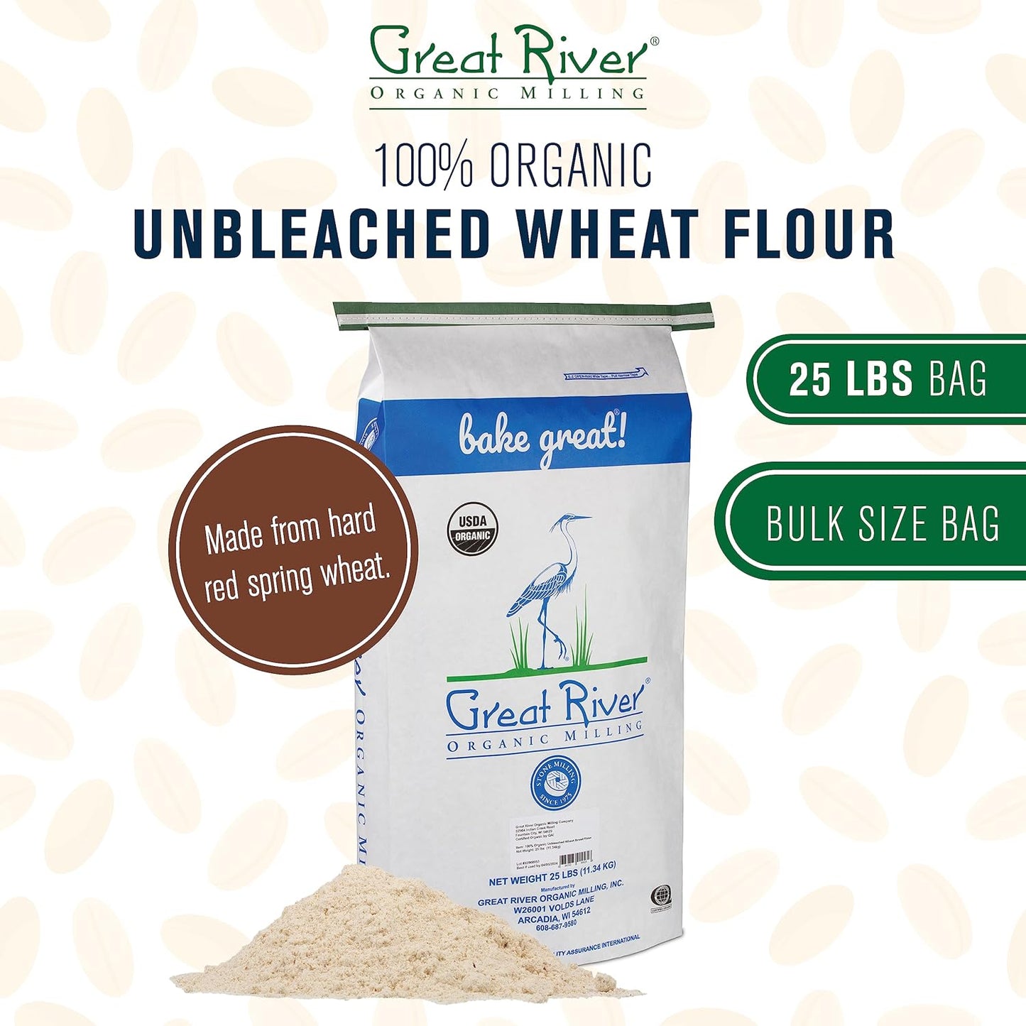 Great River Organic Milling Organic Unbleached Wheat Bread Flour | Artisan Bread Flour for Baking | Multi-Purpose Wheat, Unbromated, Non-GMO, Kosher | 25 Lb (Pack Of 1)
