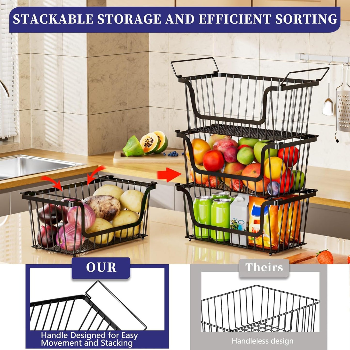 Enhanced Leak-Proof Bottom Stackable Wire Baskets, 6 Pack Pantry Organizers and Storage, pantry storage，Shelf Baskets, Fruit Basket, Potato and Onion Storage Bins，(Black)