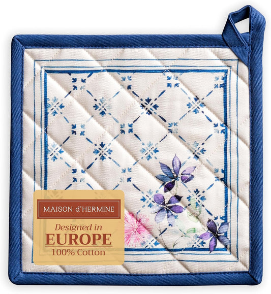 Maison d' Hermine Pot Holders 100% Cotton Heat Resistant Potholders 8" x 8" Hot Pads with Loop BBQ, Cooking, Baking, Grilling, Kitchen, Handling Hot Pans Spring/Summer (Pack of 1, Faience)