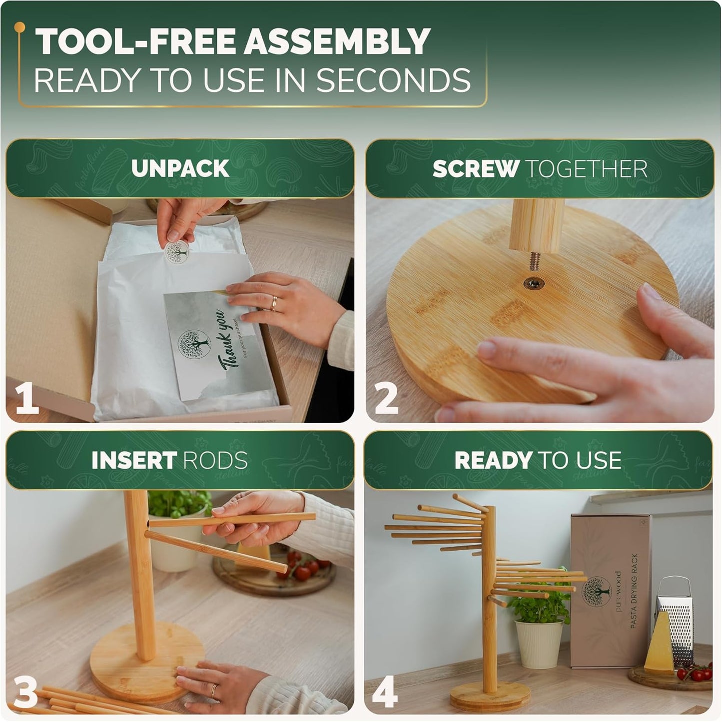 Purewood Premium Collapsible Pasta Drying Rack, Wooden Noodle Dryer Stand for Fresh Pasta, Pasta Maker Accessory, 100% Natural Bamboo, Bonus Recipe Book Included, Space-Saving Large Capacity