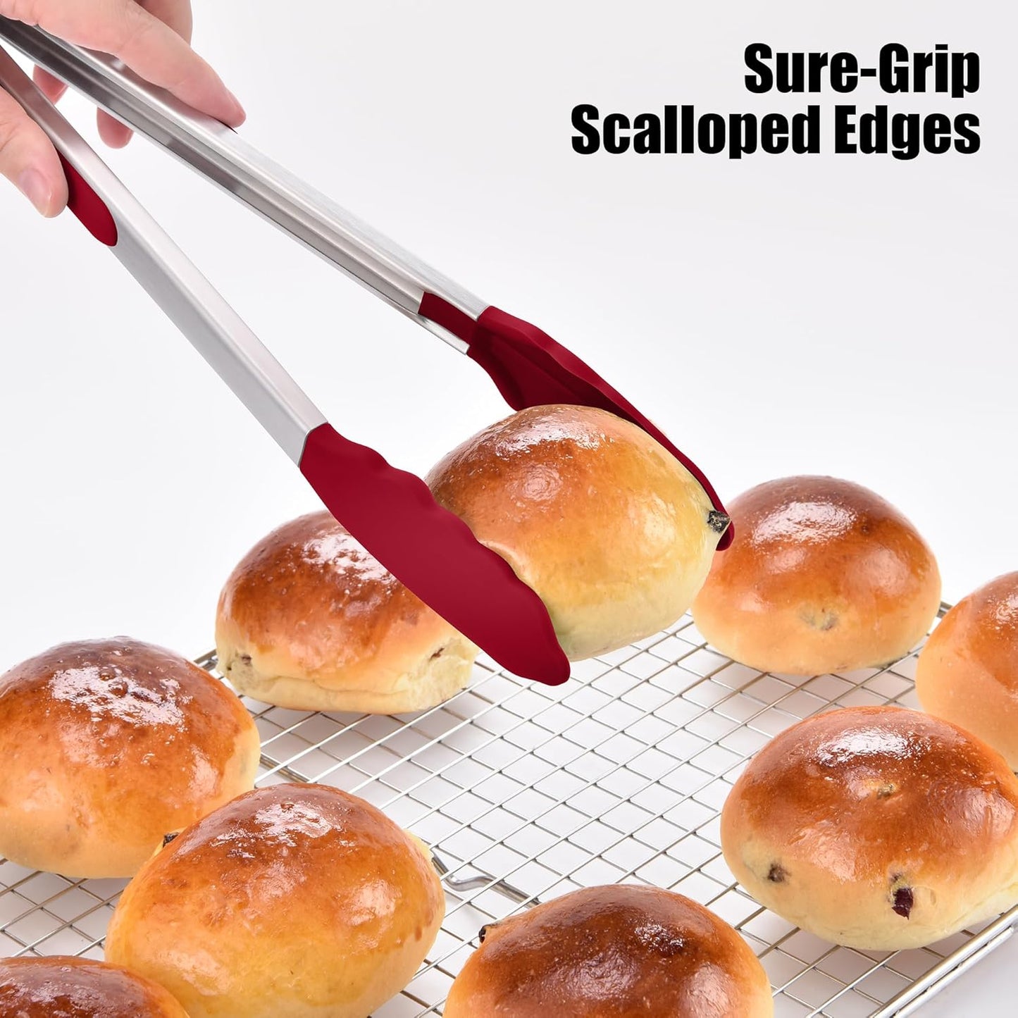 Doosu Kitchen Tongs for Cooking - 600°F Heat Resistant Food Tong with Non-Scratch Silicone Tips, Heavy Duty Stainless Steel Locking Tong for BBQ, Grilling Steak, Serving Salad, Pasta (12in, Red)