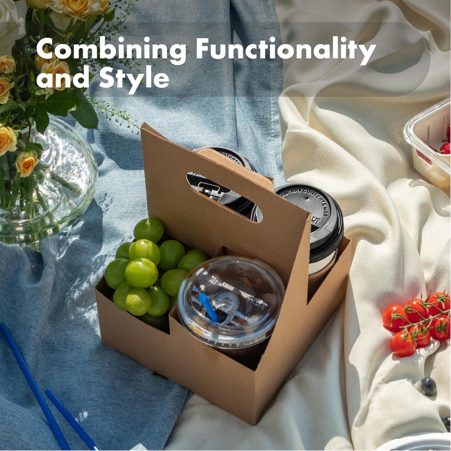 FMP Brands 4 Cup Disposable Drink Carrier with Handle, 25 Pack Kraft Paperboard Handled Drink Carriers 12-30 oz to Go Coffee Cup Holder, Cup Carrier for Cold Hot Drinks, Takeout, Cafe and Restaurant