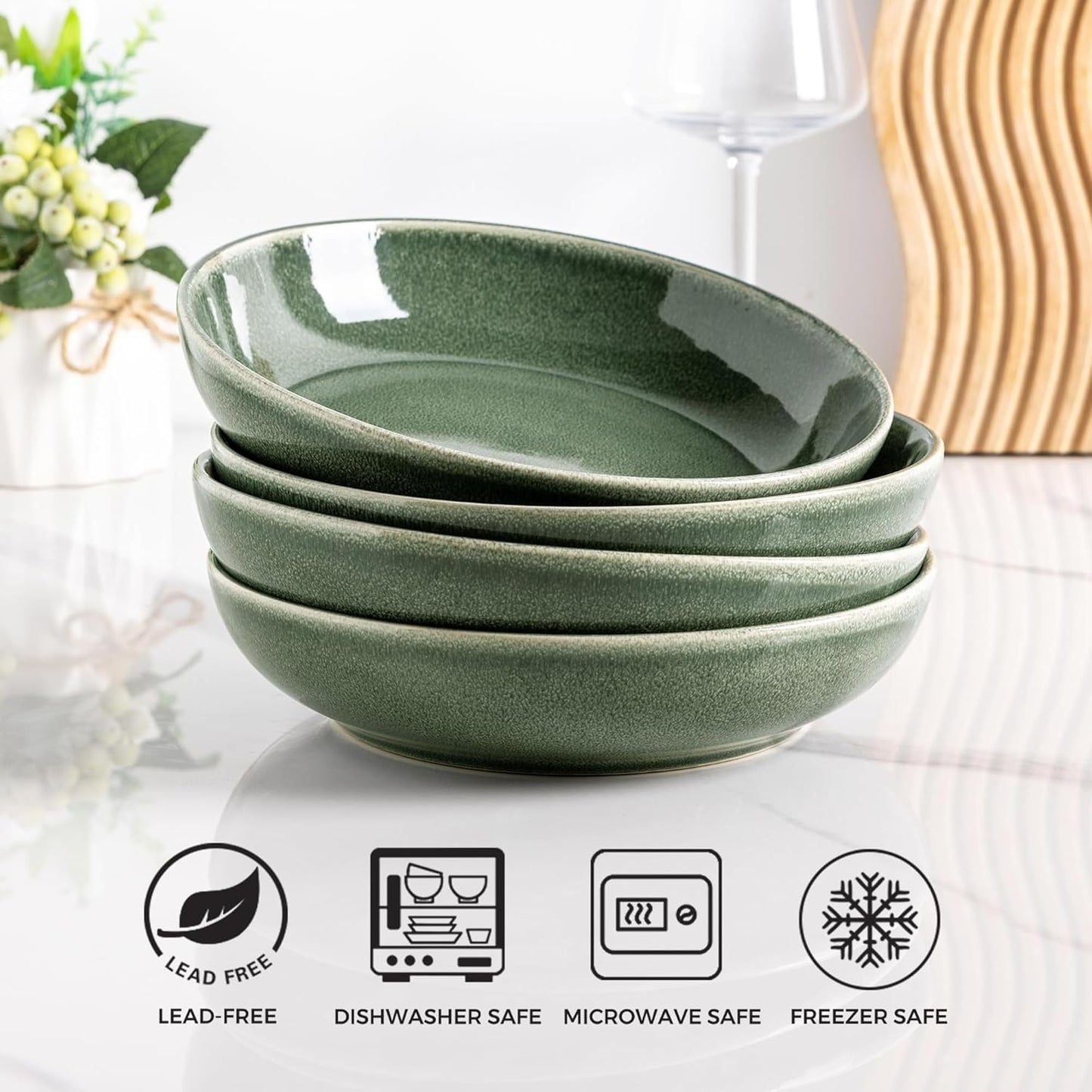 AmorArc 8.5'' Large Ceramic Pasta Bowls Set, 36oz Stoneware Bowls Set of 4 for Kitchen, Reavtive Glaze Bowls-Microwave, Dishwasher Safe for Pasta,Salad,Oatmeal -Jade Green