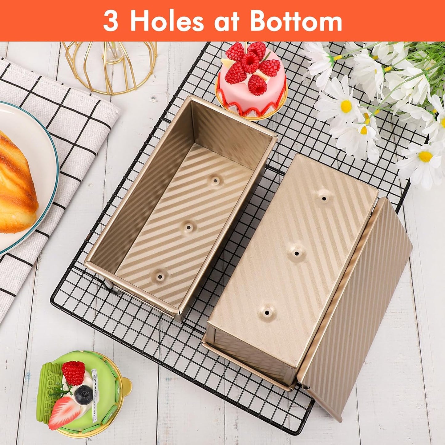 Beasea Pullman Loaf Pan with Lid, 2 Pack 0.5 lb Small Non-Stick Bread Loaf Pans Carbon Steel Mini Bread Toast Box for Homemade Bread Toast Oven Baking - Gold