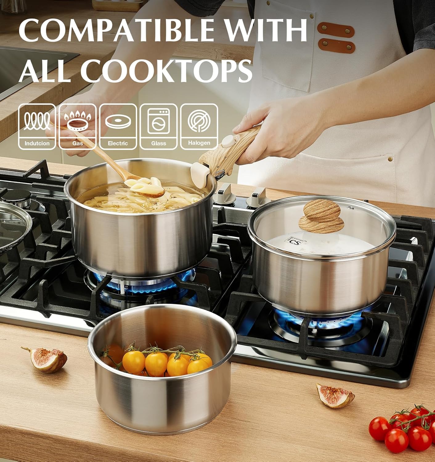 KOCH SYSTEME CS Stainless Steel Saucepan Set 1.5QT & 2QT & 3QT, Stainless Steel Pot with Removable Handle, 6pcs Sauce Pan Set with Tri-Ply Steel Base, Induction Compatible Pots, Dishwasher & Oven Safe