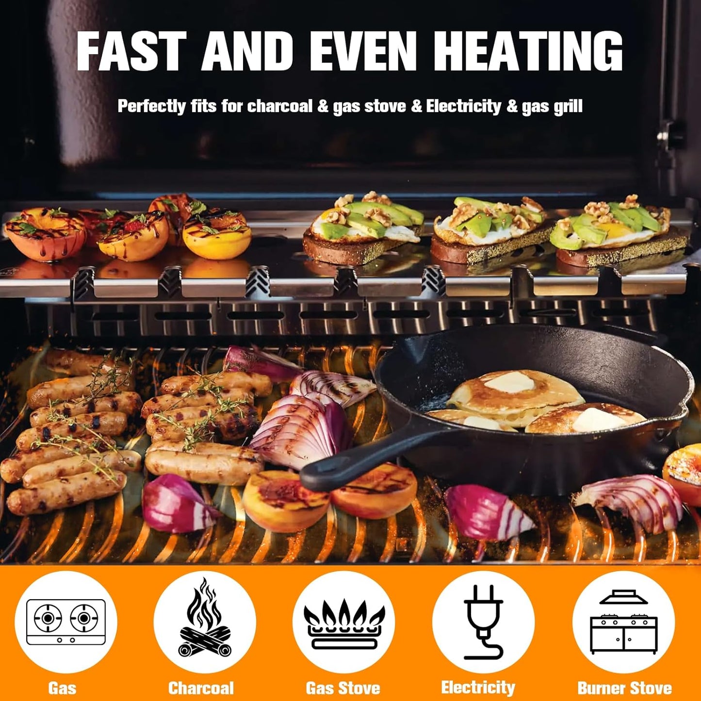 ABYDA Universal Stainless Steel Cooking Griddle, Heavy-Duty 4mm Strengthen thickness, Flat Top Plate Insert with Grease Groove and Removable Handles for Gas/Charcoal/Stove, 25" x 16"× 2.5“